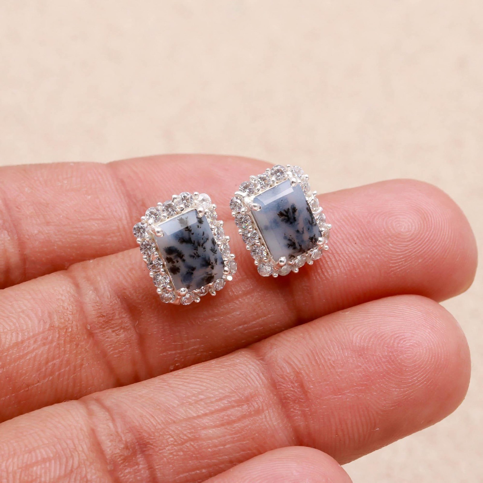 100% Natural Dendrite Opal Octagon Stud Earrings Solid Silver Moissanite Jewelry