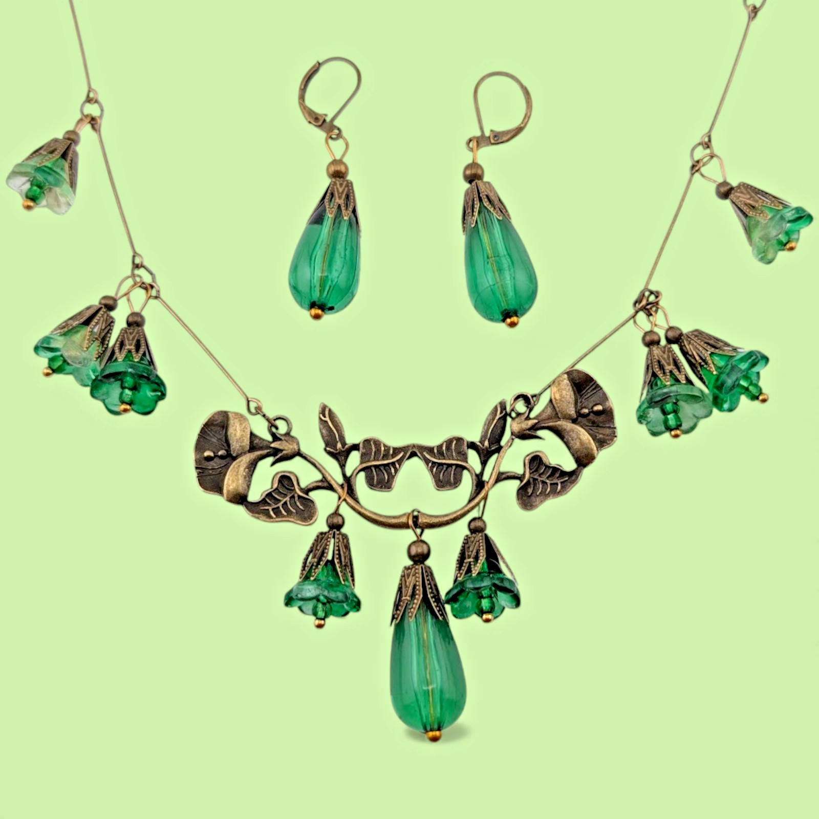 ART NOUVEAU STYLE SET bronze green lily flower drops necklace earrings N1