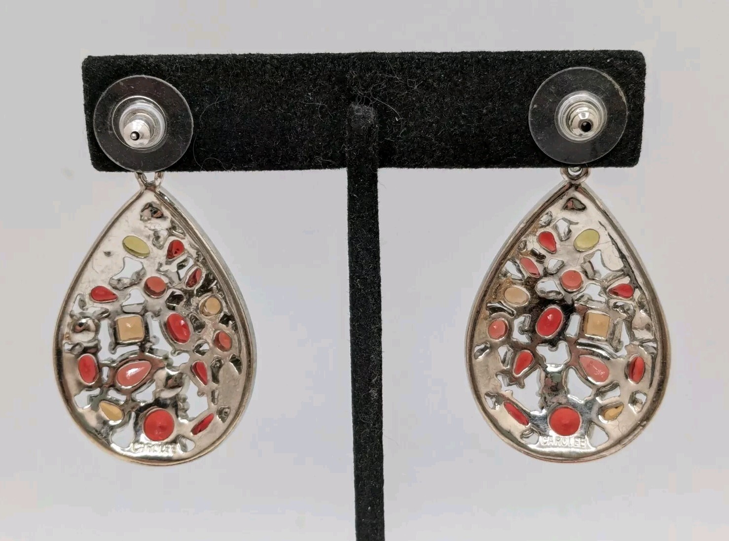 Vintage Carolee Open Back Multicolor Crystals Teardrop Pierced Earrings 2″
