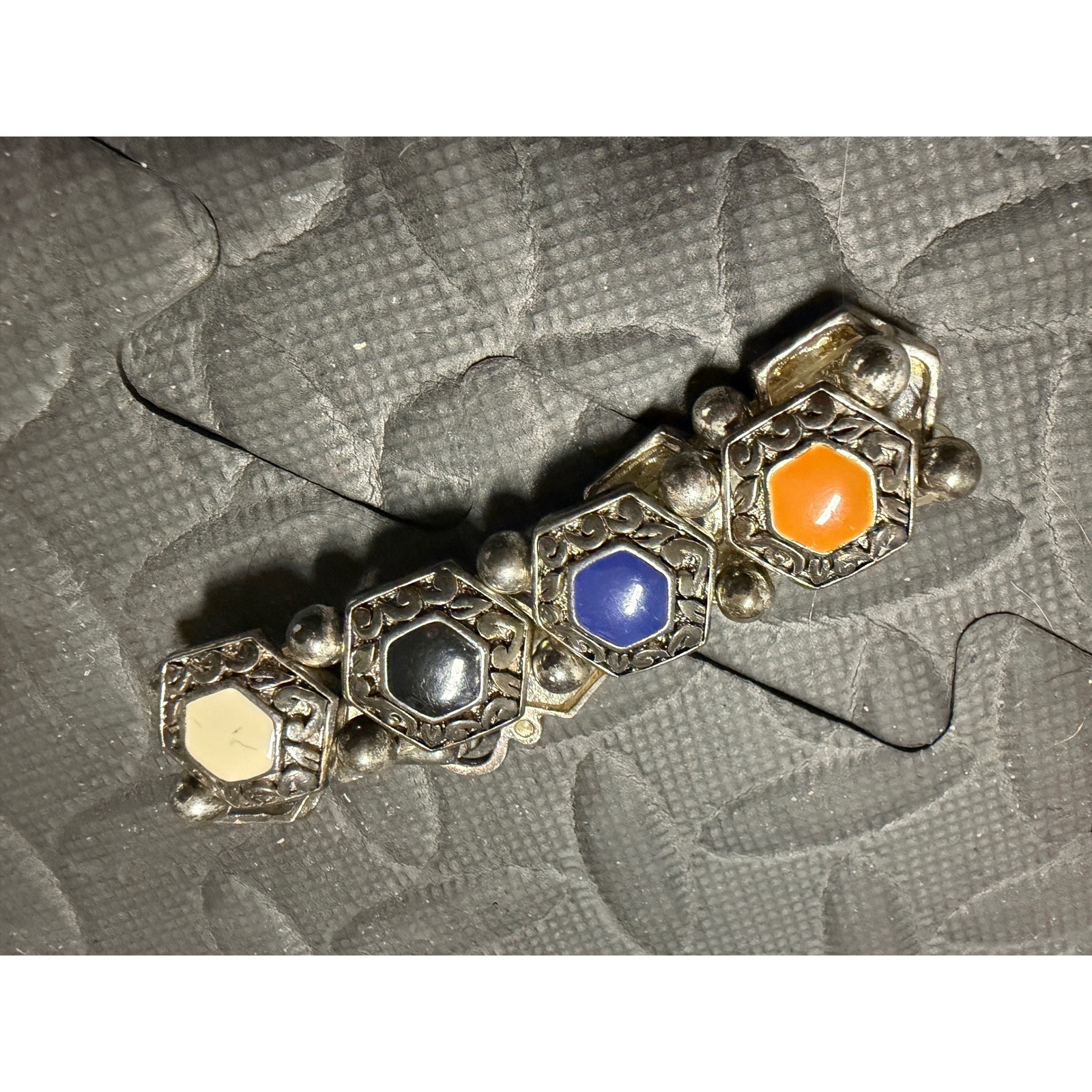 Premier Designs Link Bracelet Enamel Hexagon Silver Stone Engraved Jewelry Gift