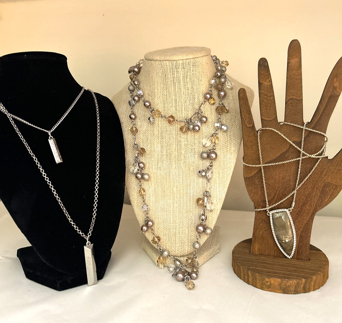 White House Black Market 3 Piece Lot of Long Necklaces Pearl Glass Metal Stone