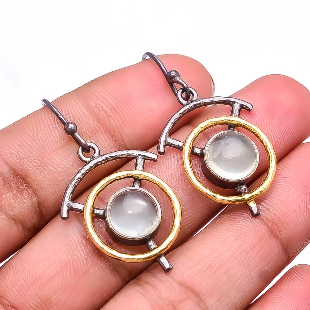 Pink Rose Quartz 925 Silver Handmade Black & Gold Plated Earring 1.64″ E49