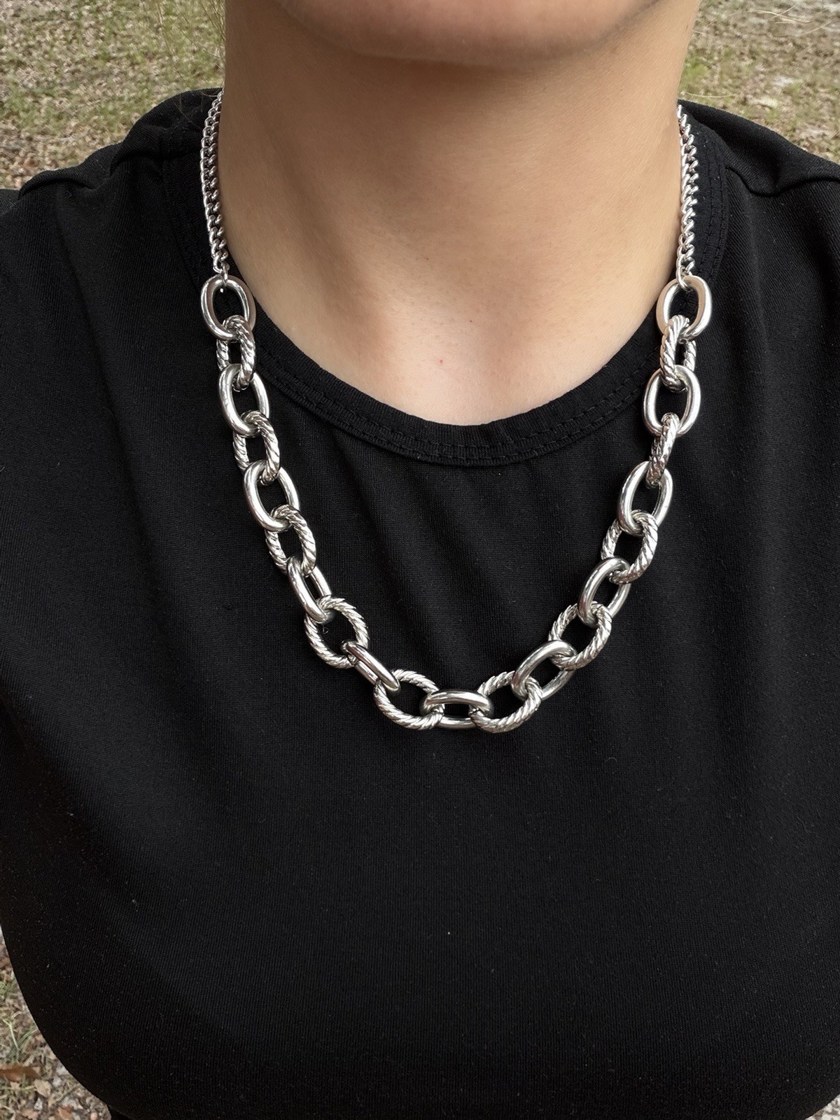 Silver Tone Oval Link Chain Necklace, Metal Lobster Clasp, No Stone