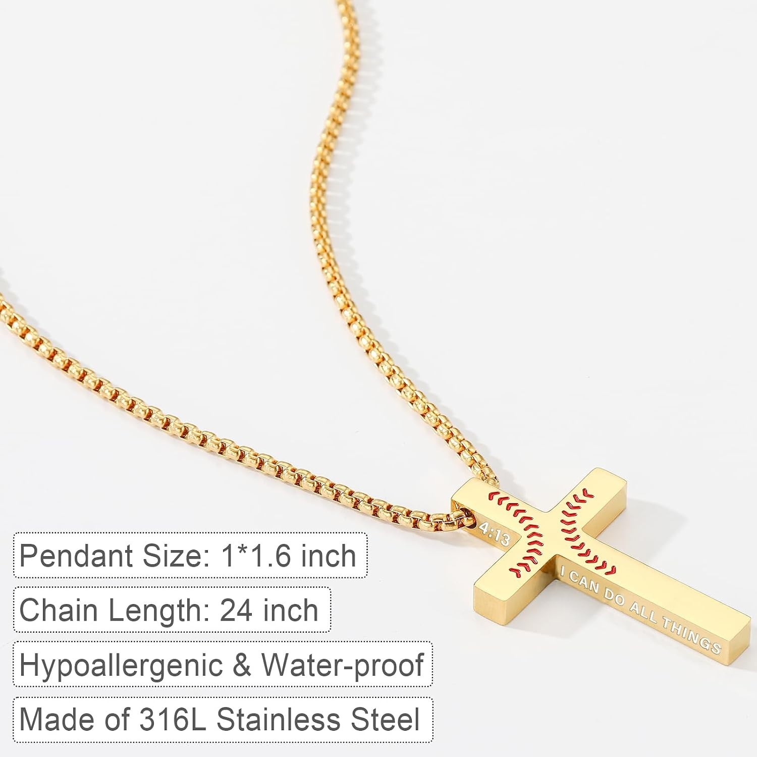Baseball Bible Verse Cross Necklace for Boys – Gold Stainless Steel Pendant