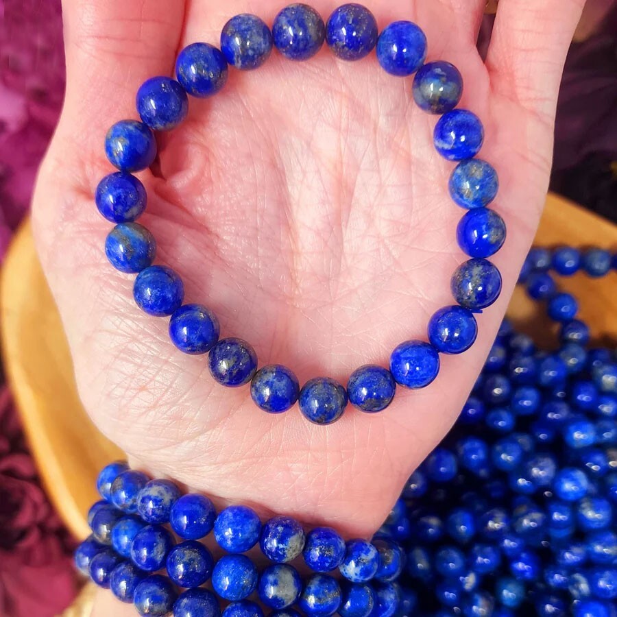 Handmade Natural Lapis Lazuli Elastic Stretch Bracelet – 8mm Round Gemstone Bead