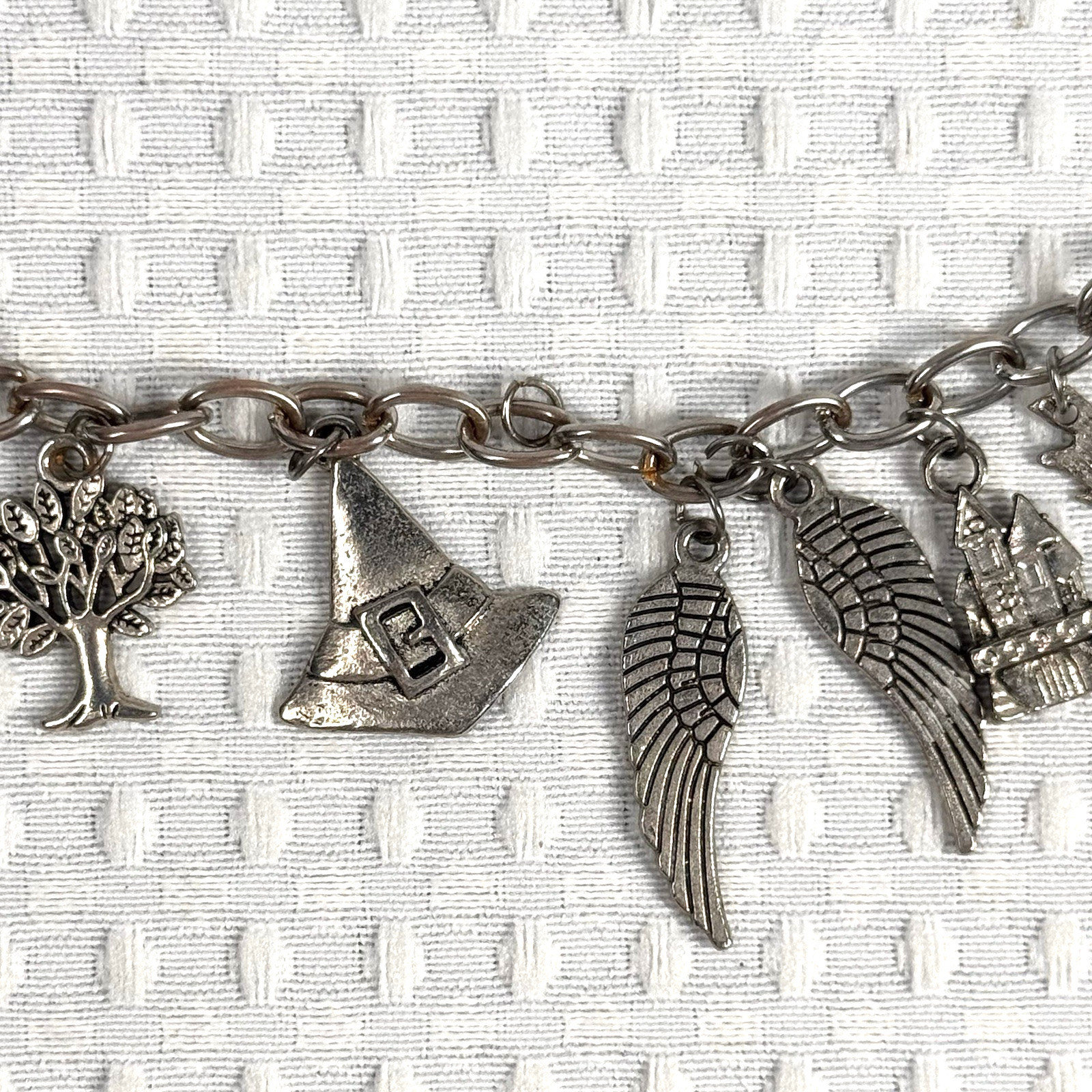 Charm Bracelet Eclectic Silver Tone Wings Tree Ribbon Witch Book Train Castle