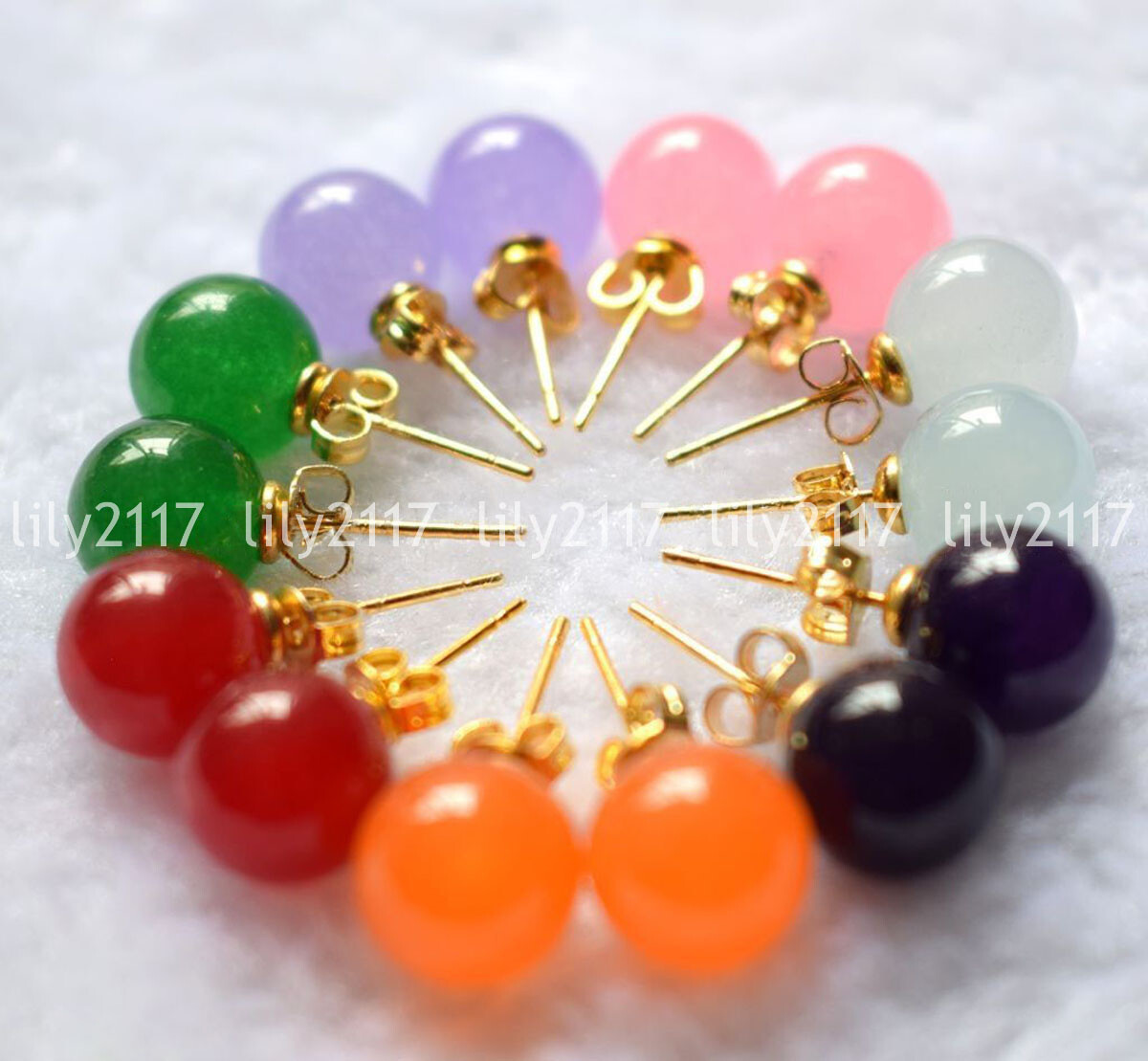 Natural 7Pairs 7 Colors 10mm Multi-Color Jade Round Gemstone 18KGP Stud Earrings
