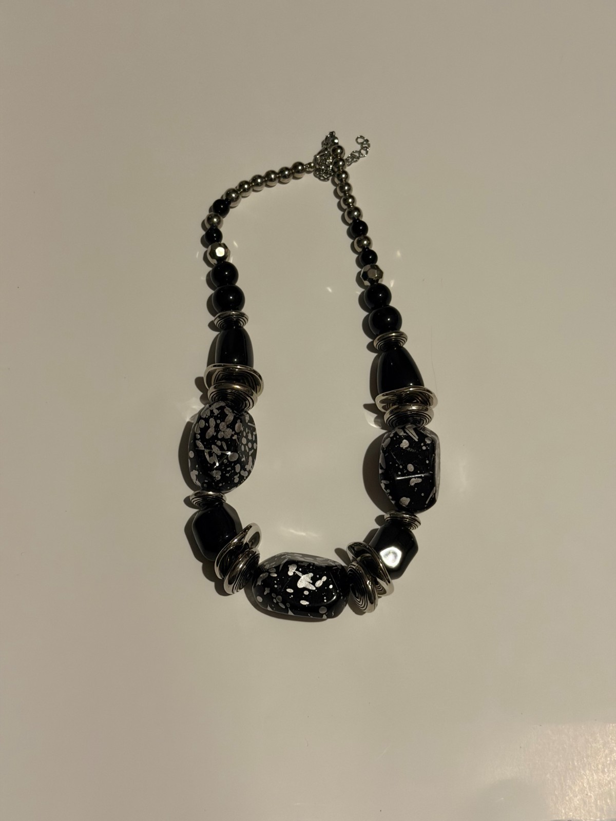 Black Statement Beaded Necklace with Silver Accents – Chunky Fashion Jewelry