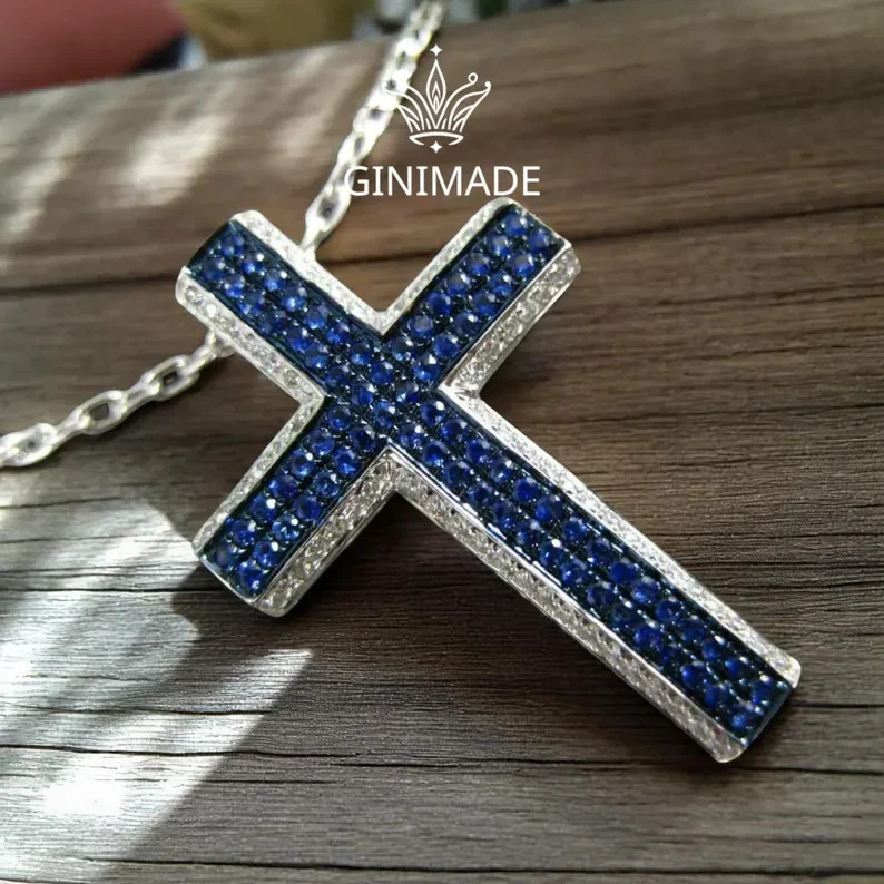 Blue & White CZ Cross Pendant Necklace