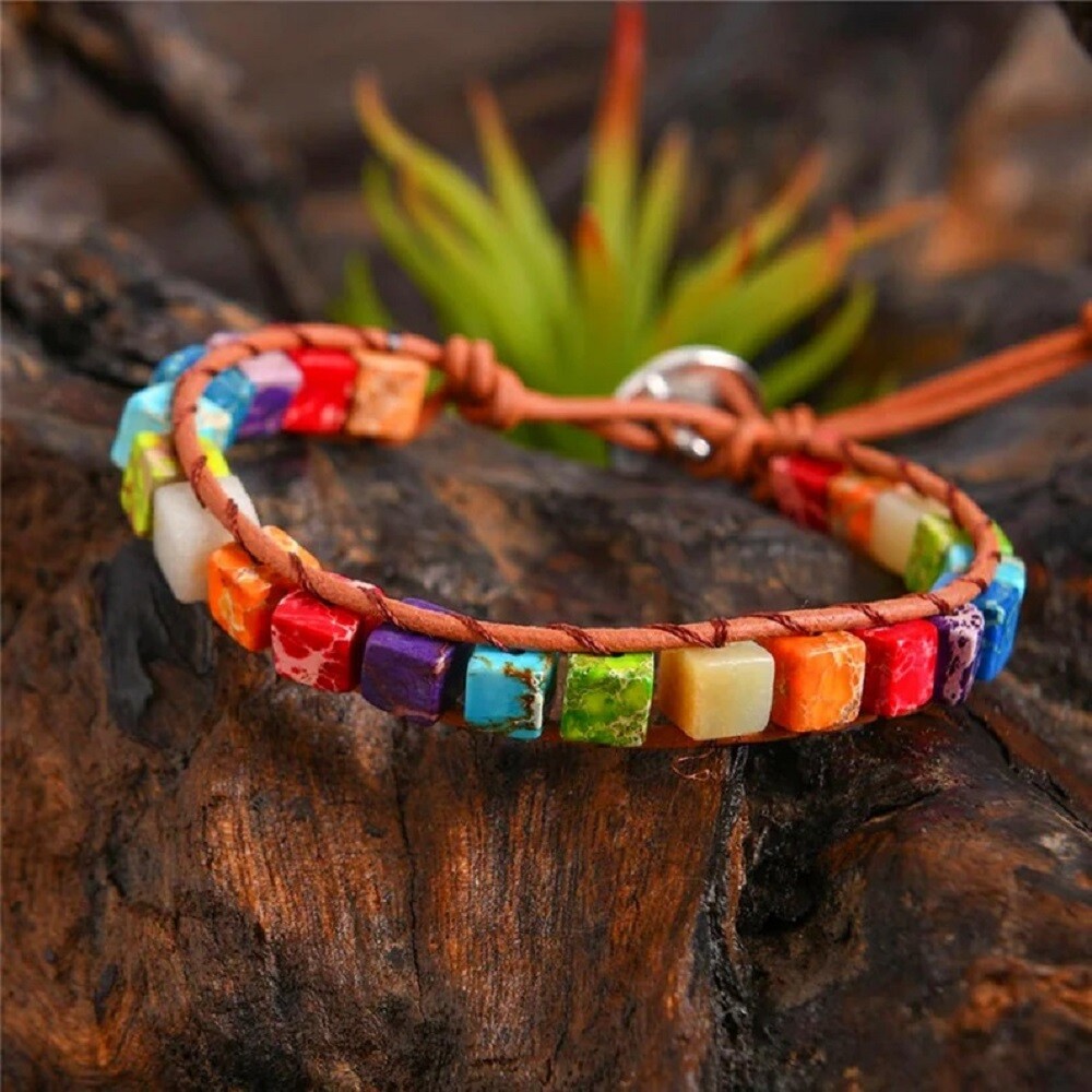 Natural Stone Cube Tube Gemstone Braided Bracelet for 7 Chakra Spiritual Healing