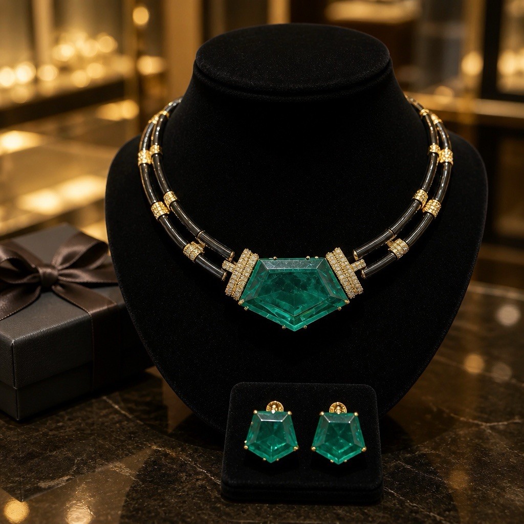 Gold Tone Necklace & Earrings Set Green Hexagon Crystal Stones