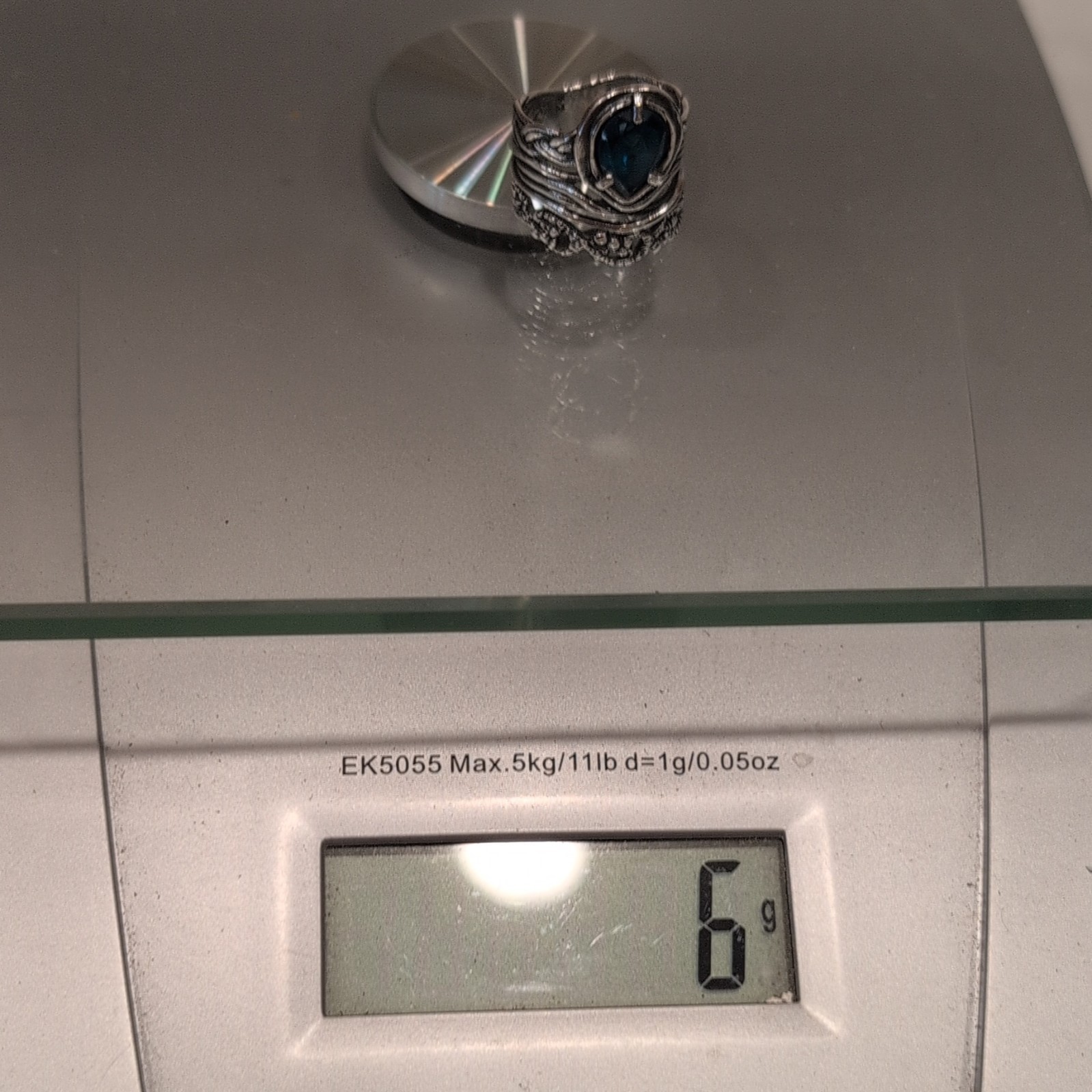 925 Sterling Silver Blue Pear Tear drop Crystal Prong-Set Israel Band Ring SZ 7