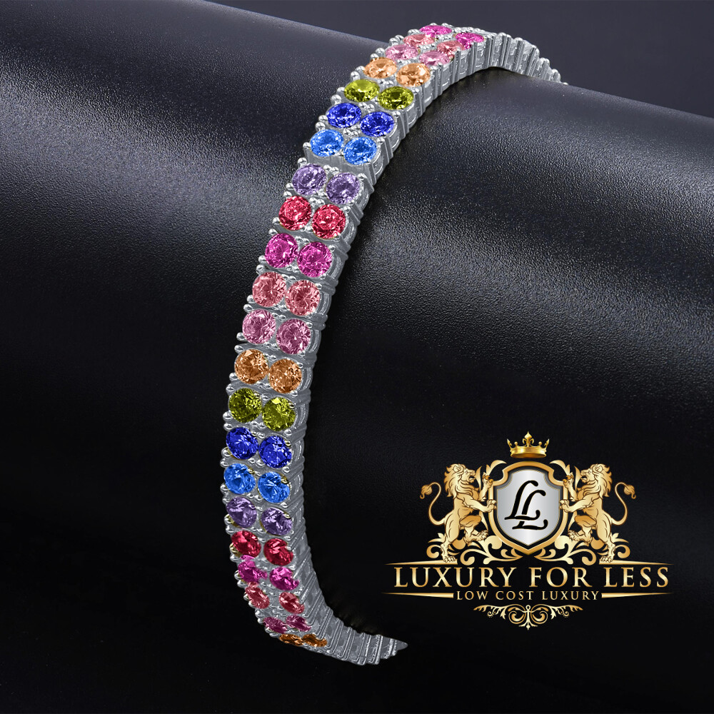 Rainbow High Quality AAA+ Grade Simulated Diamond White Gold Tone 2 Row Bracelet