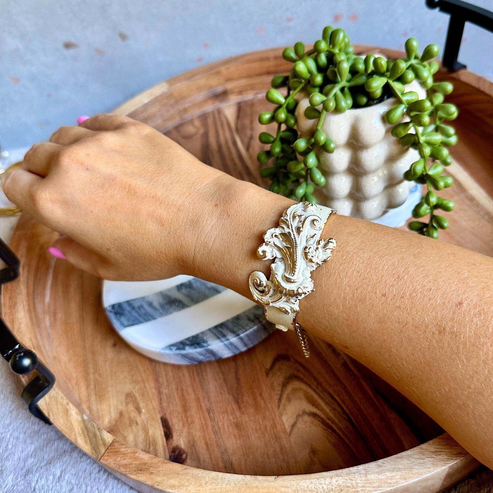 Vintage Ivory & Gold Baroque Cuff Bracelet | Ornate Rococo Victorian Revival