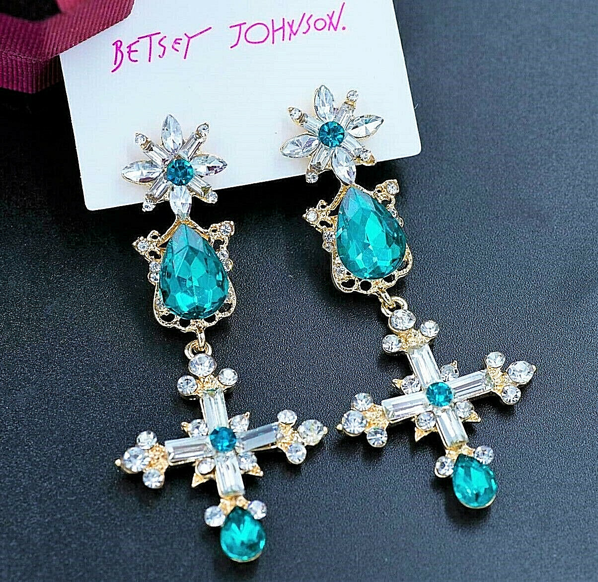 Princess ELEGANT Crystal MALTESE Cross Rhinestone JEWEL Betsey Johnson Earrings