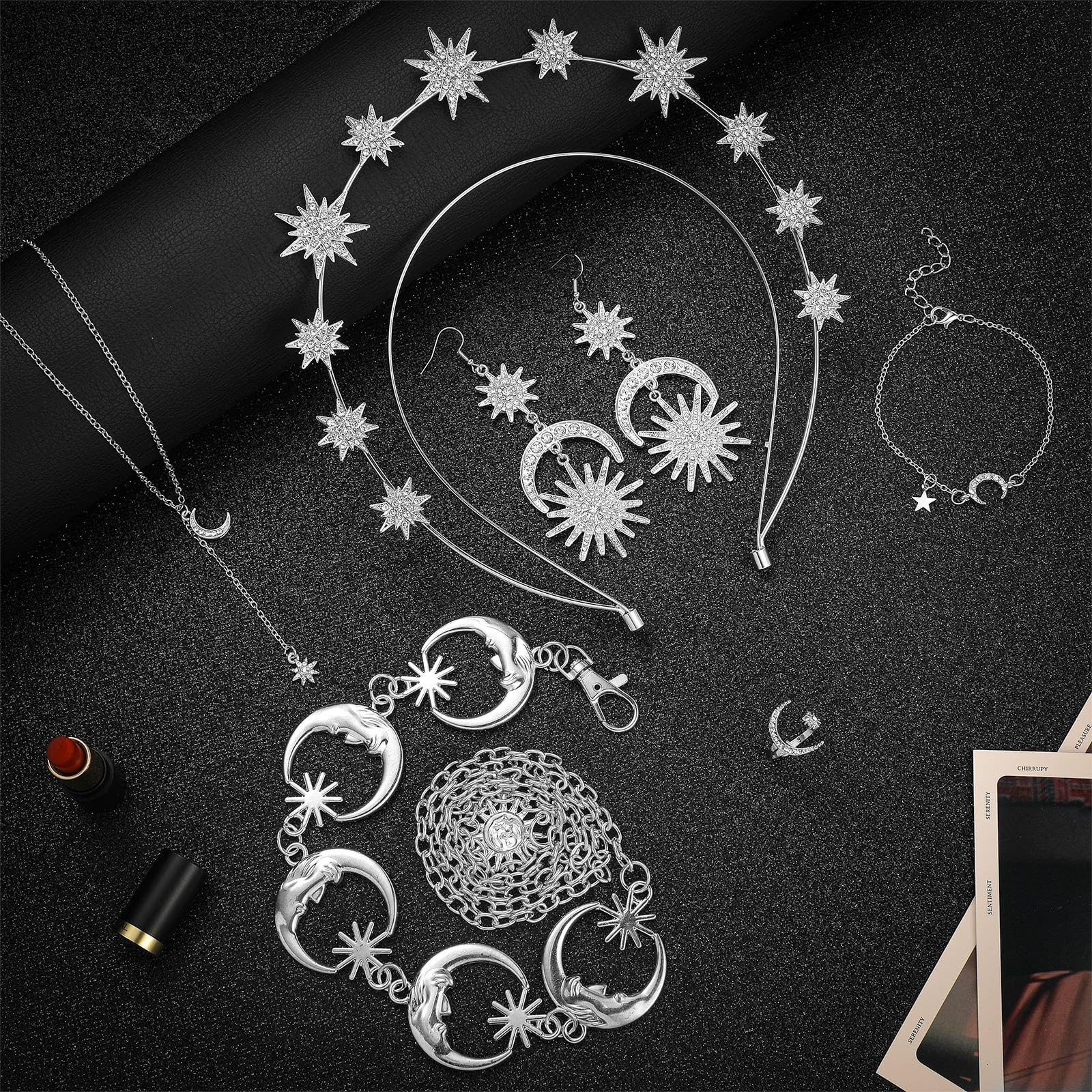 6 Pcs Celestial Crown Moon Star Headband & Earrings Set for Bride Wedding Costum