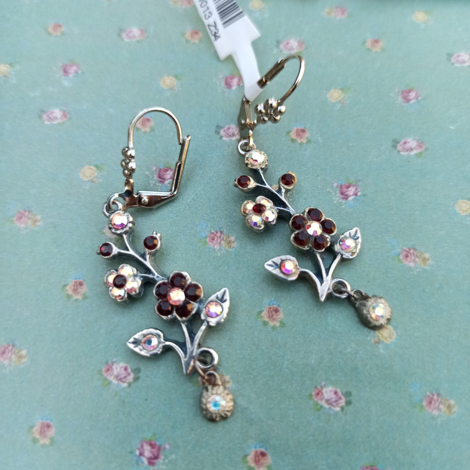 Michal Negrin Earrings Silver Aurora Borealis Red Crystals Long Flower Branch
