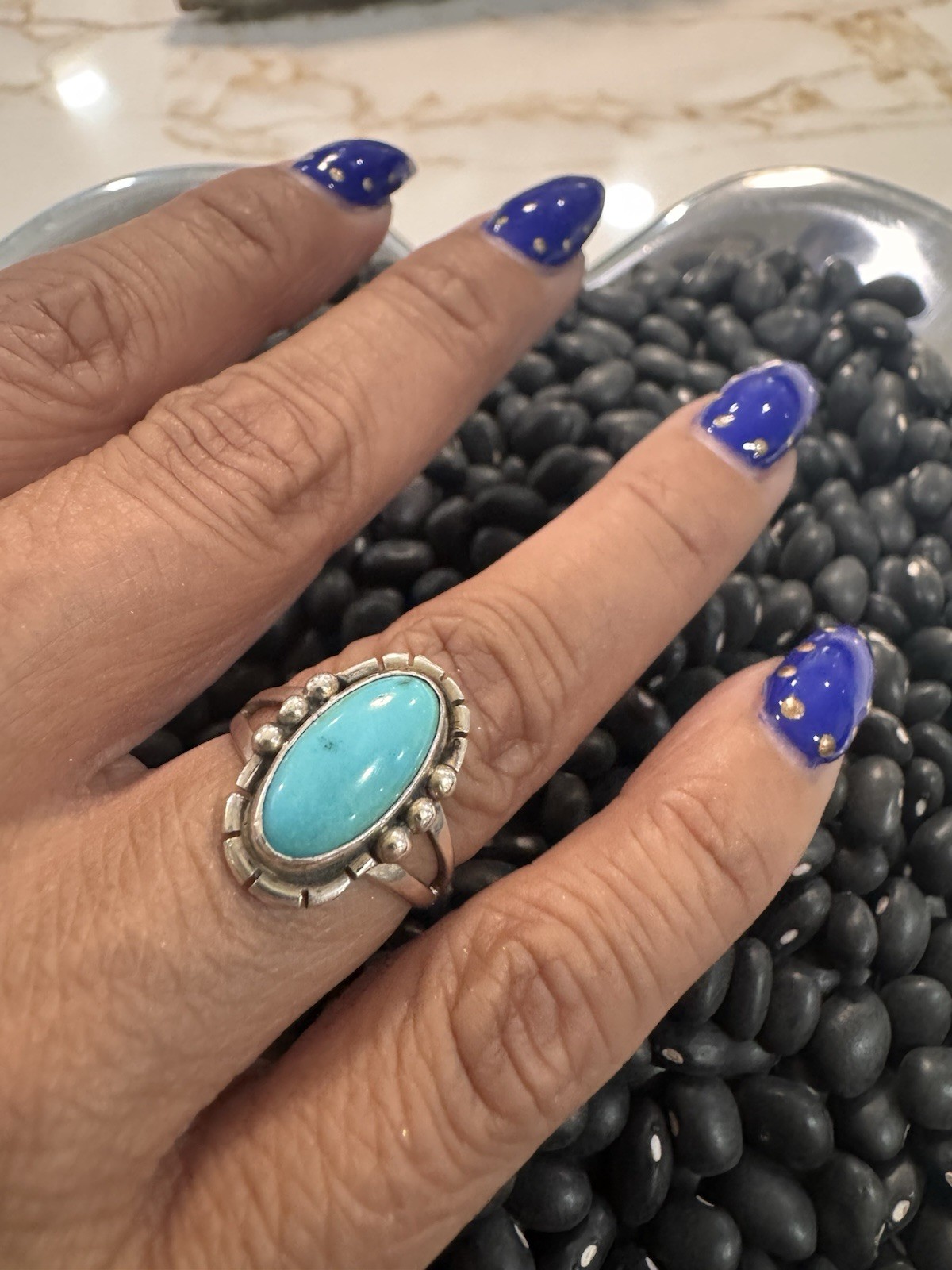 Oval Turquoise Blue Bezel Set .925 Silver Cocktail Statement Ring Size 5.5