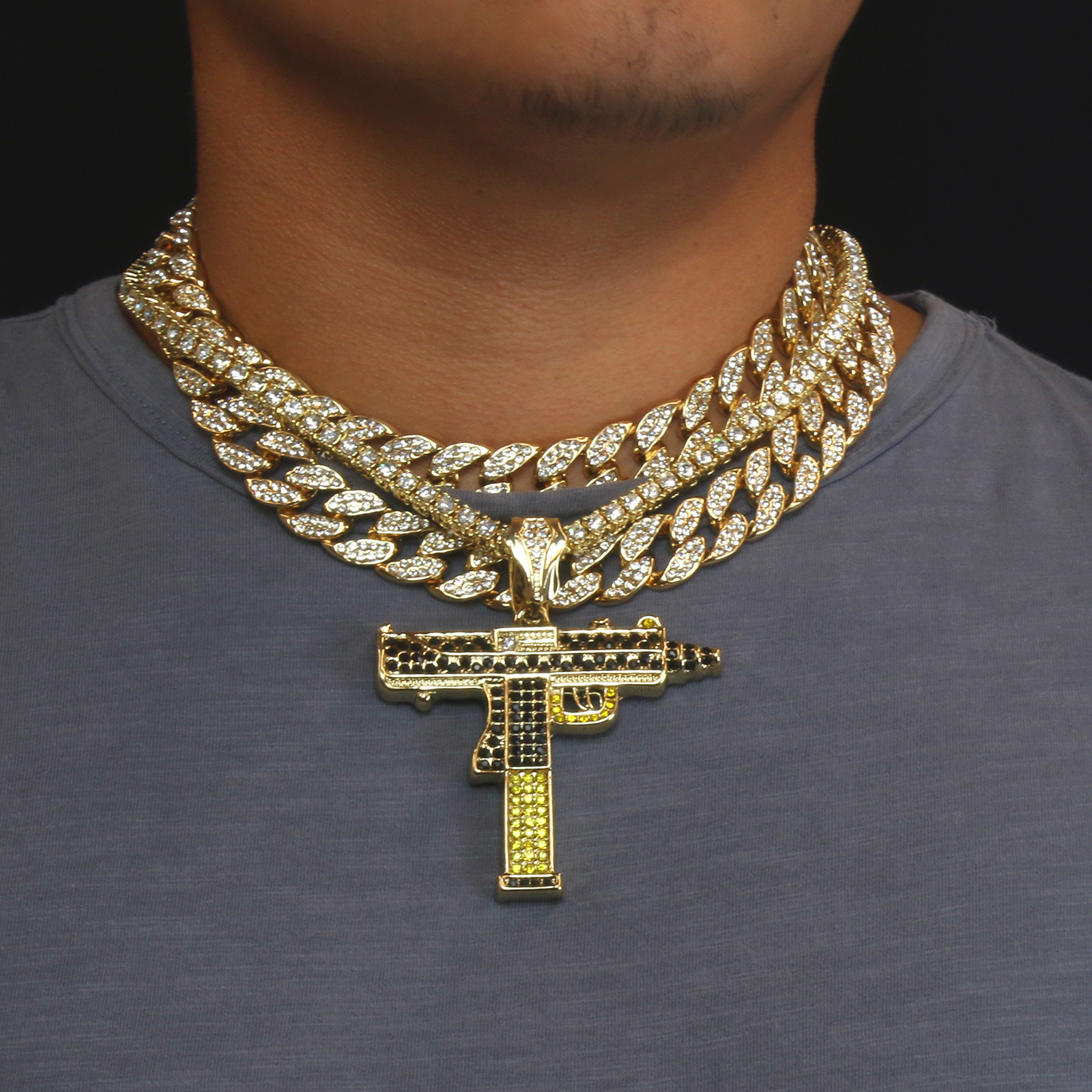 Men’s Hip Hop 14k Gold Plated Uzi Gun Pendant Cubic-Zirconia 3 Chains Bundle