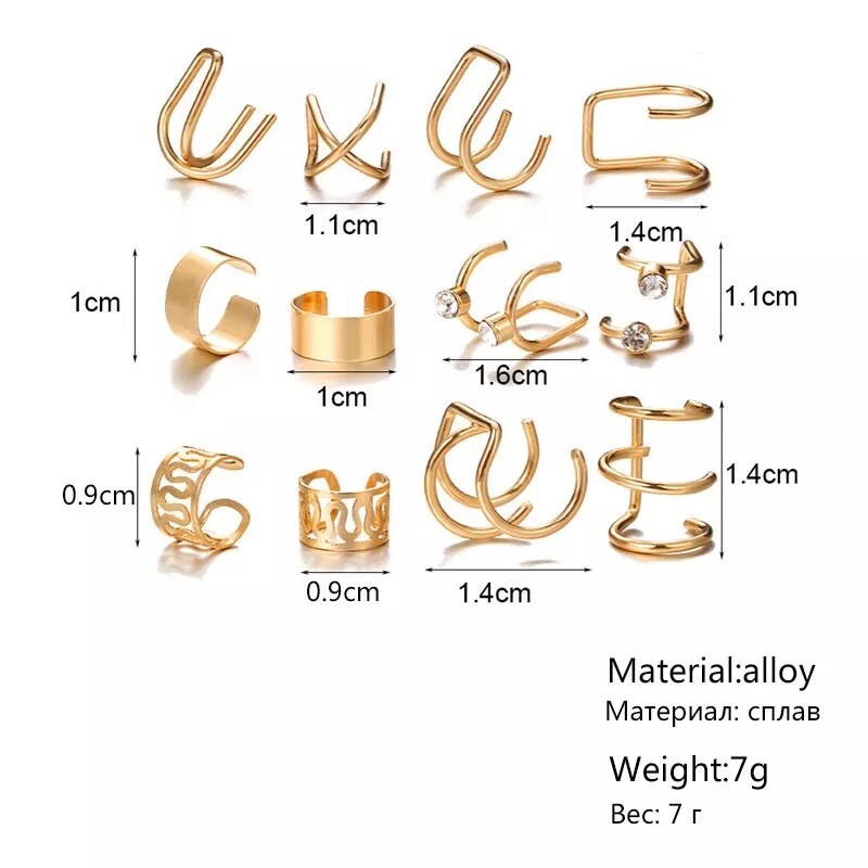 12 pcs/set Ear Cuff Women Cartilage Earrings Non-Piercing Ear Clips Crystal Clip