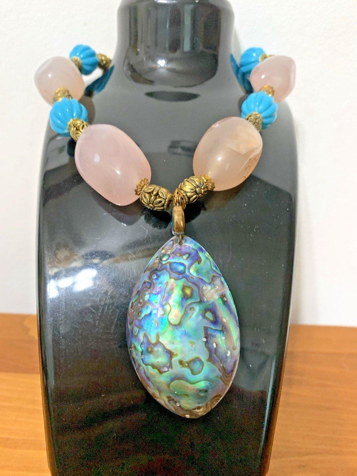 Handcrafted Rose Quartz And Abalone And Mother Pearl Necklace.