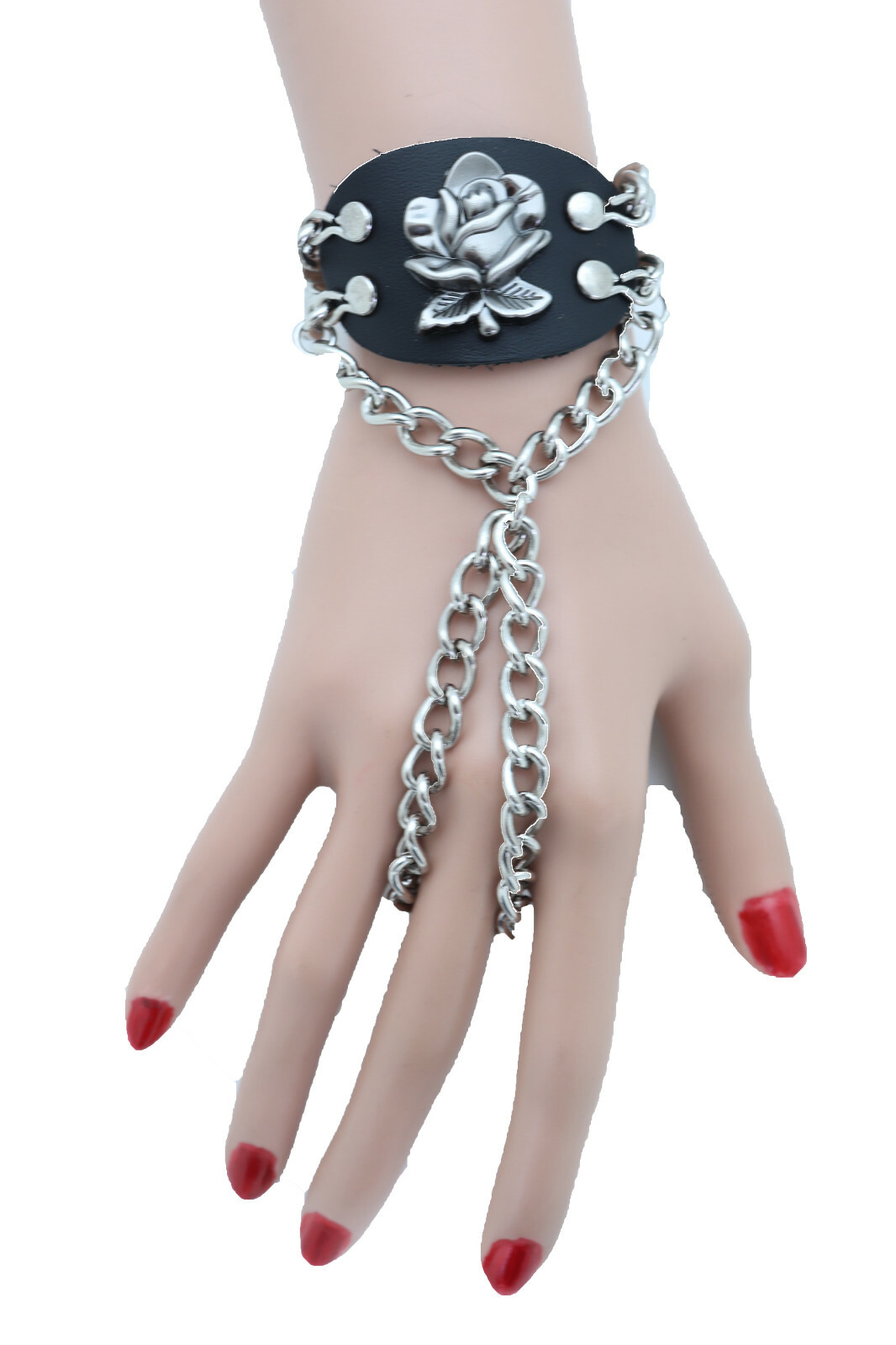 Women Wrist Bracelet Silver Metal Hand Chain Rose Flower Charm One Size Fits All