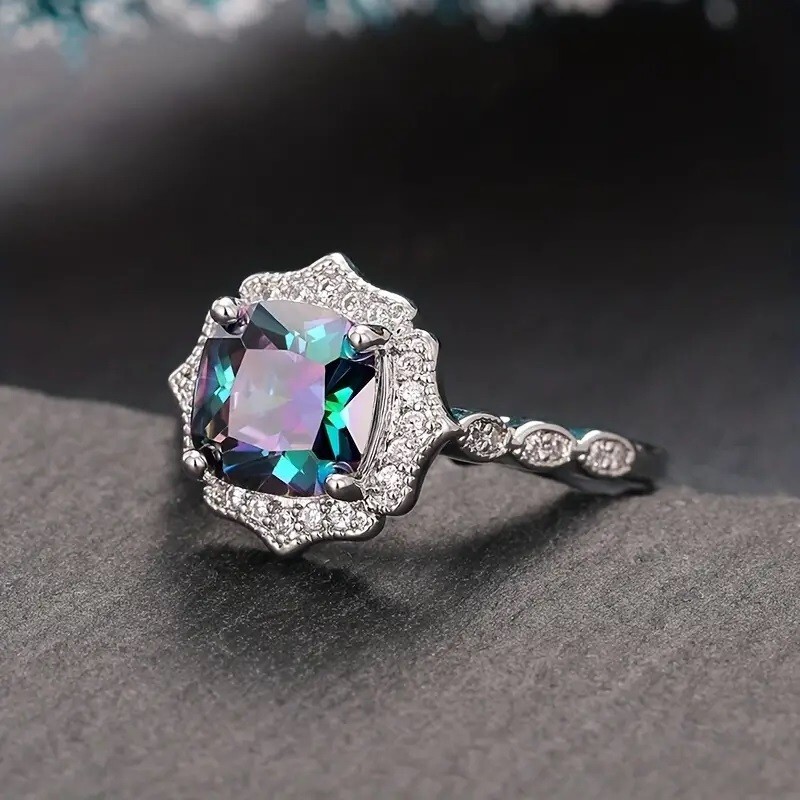 925 Sterling Silver Rainbow Mystical Fire Topaz Wedding Engagement Ring Size 8