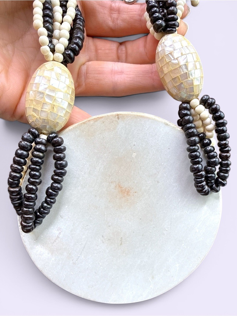 XL 1970s Mother of Pear Mosaic Pendent Multi-Strand Necklace, Bone, Seed Bead