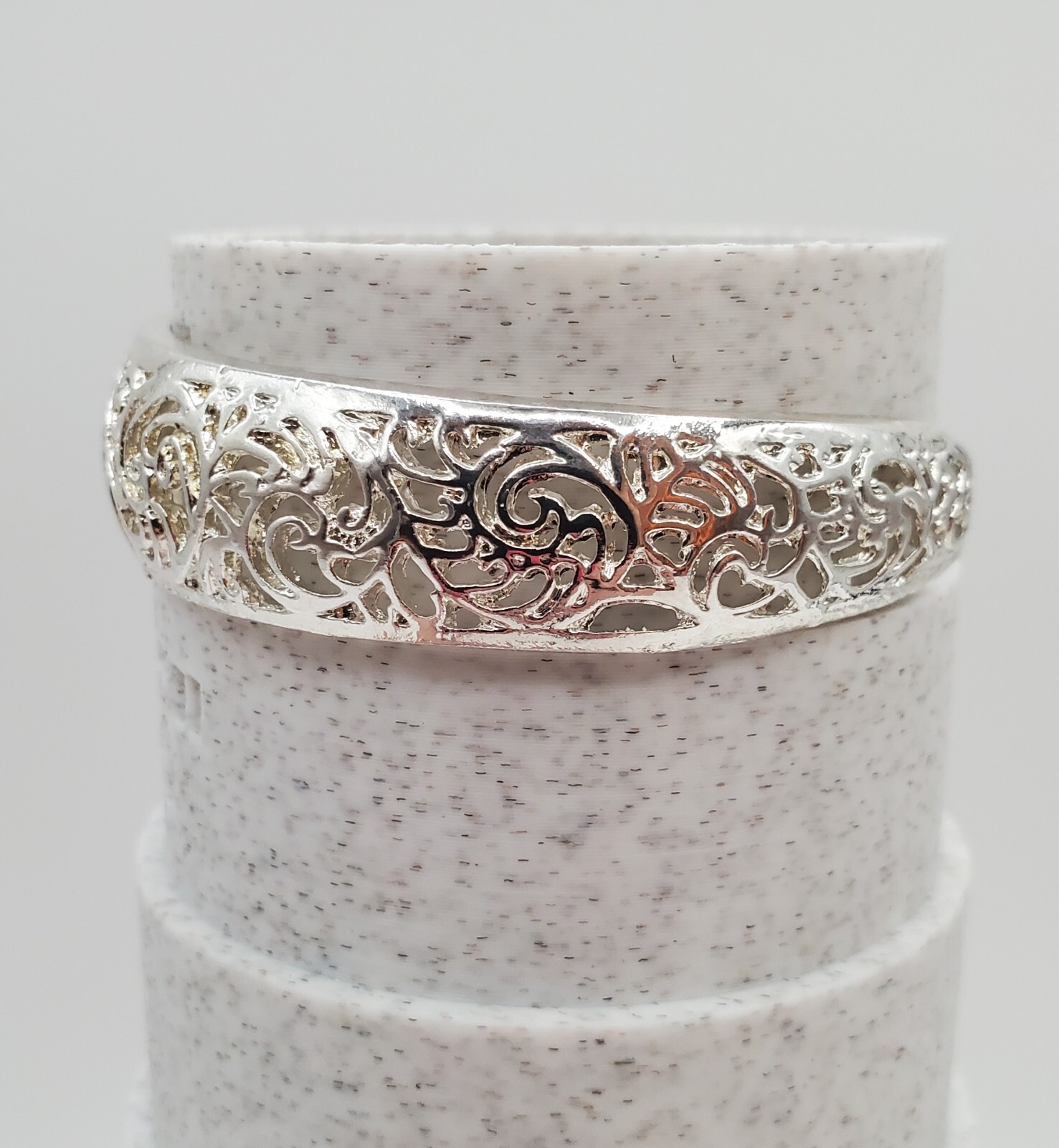 Filagree Cuff Bracelet 6in Polished Silver Tone Metal Small Wrist Snug Fit