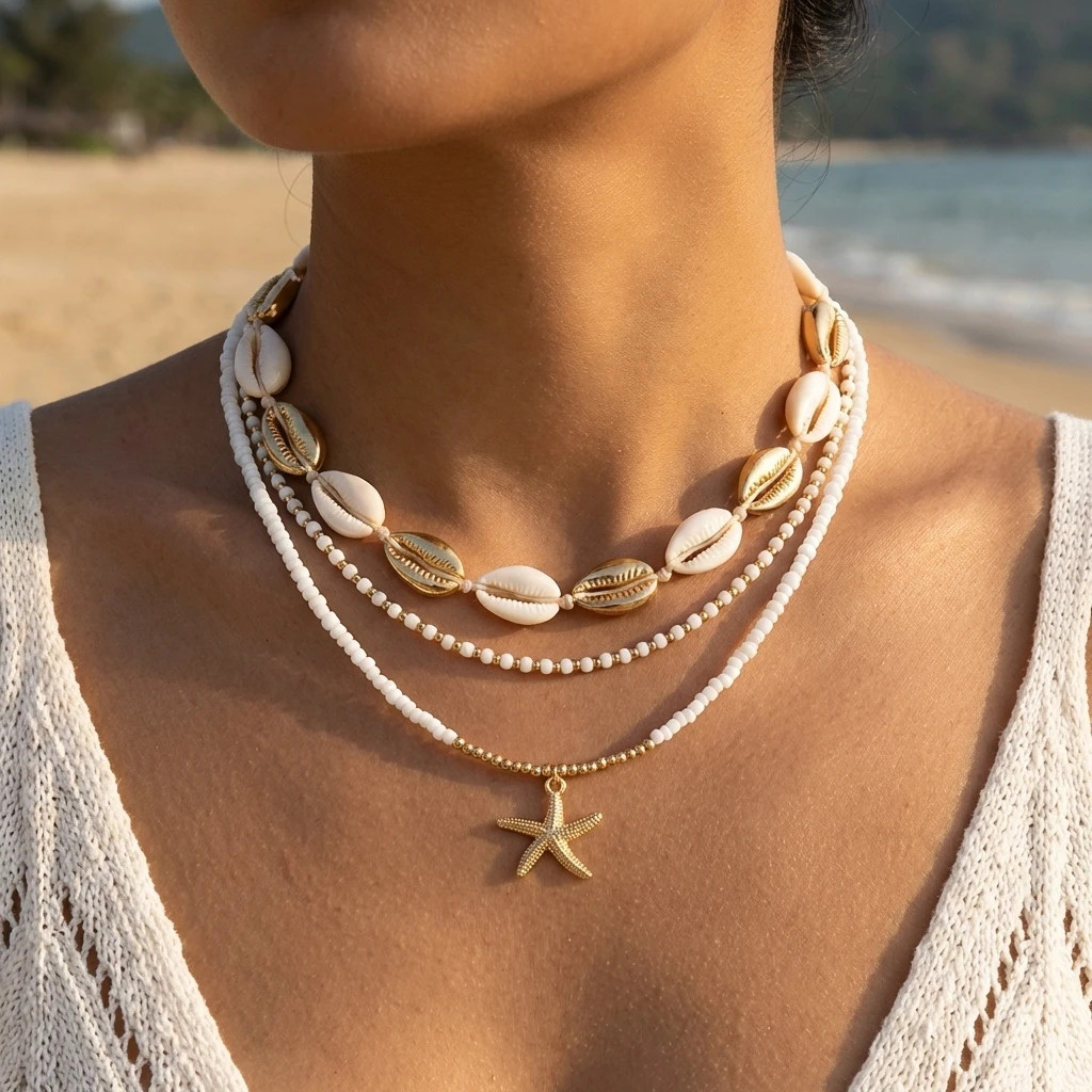 Boho Multilayer Starfish Shell Rice Beads Necklace for Women Irregular Stones Su