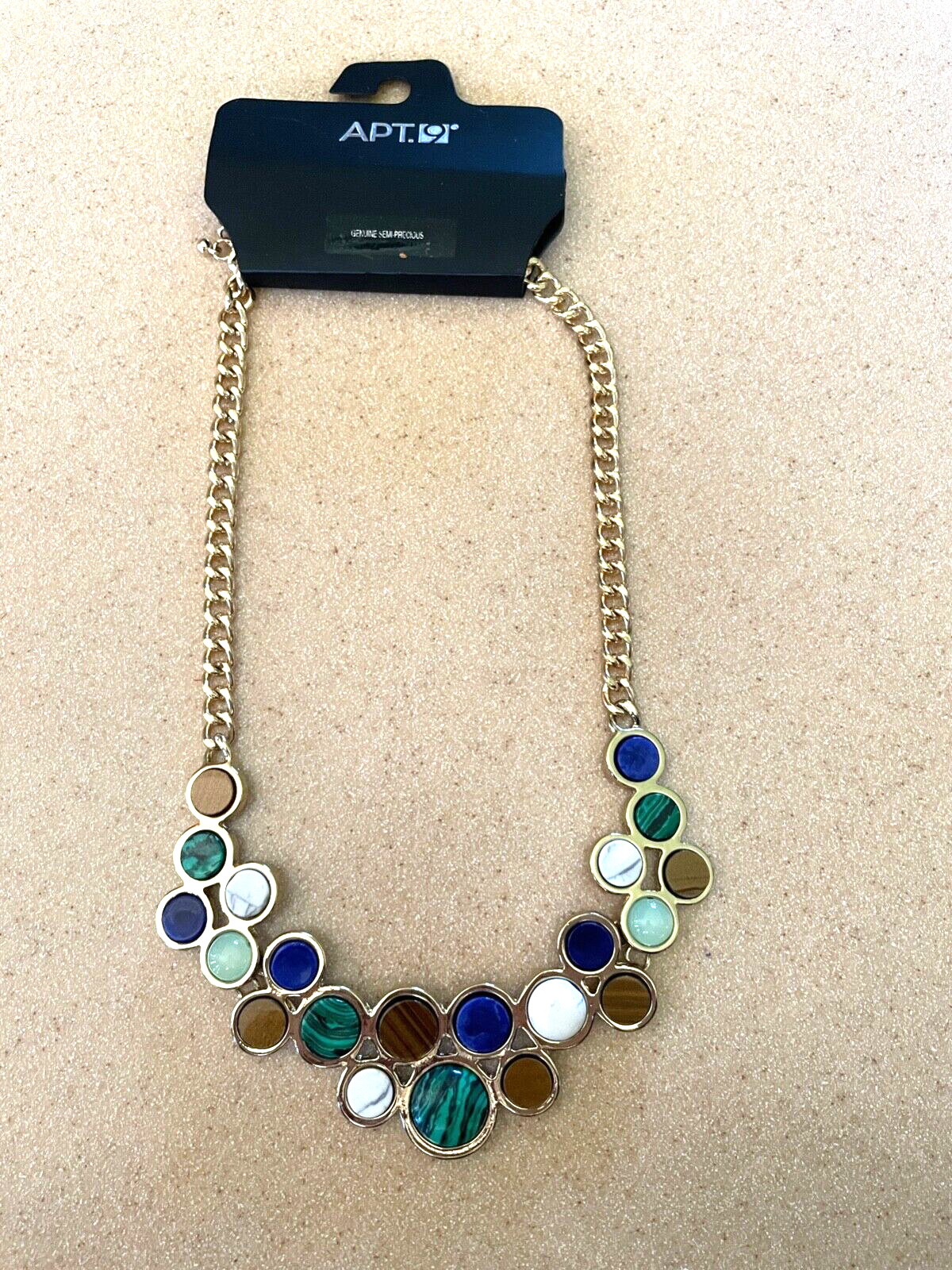 NWT Apt. 9 Statement Necklace Round Semi Precious stone Blue Gold White ME12