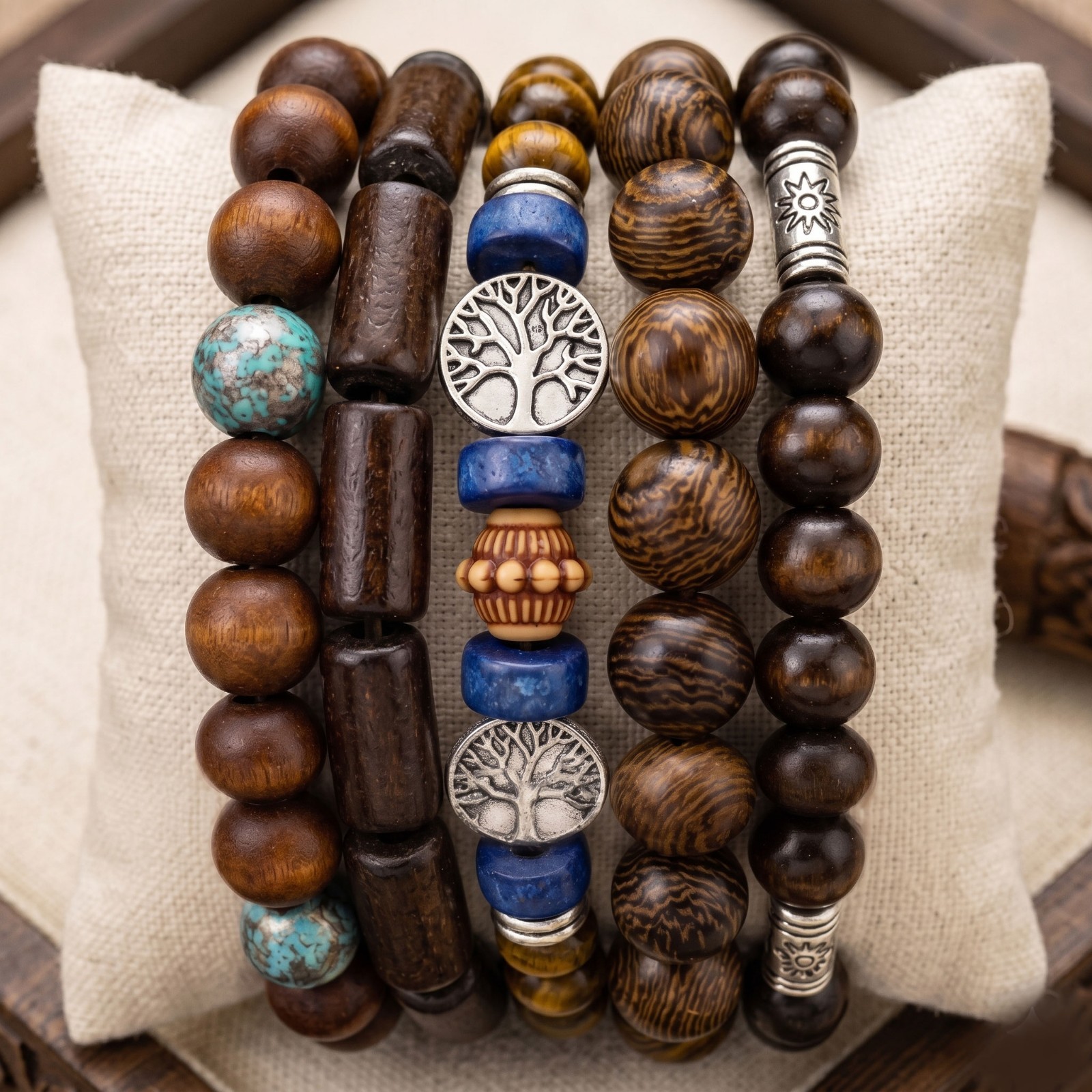 5Pc Tree Boho Wood Bead Bracelet Set Turquoise Stretch Stack Unisex Men Women 7″