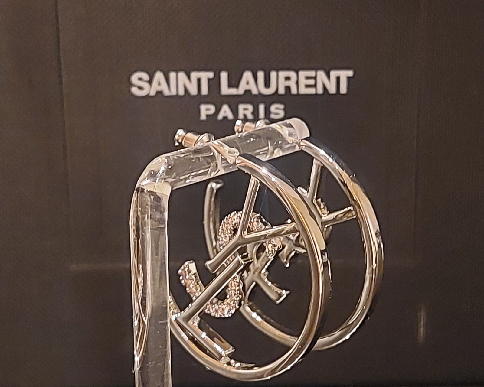 YVES SAINT LAURENT CRYSTAL HOOP EARRINGS – Box & Ribbon Included