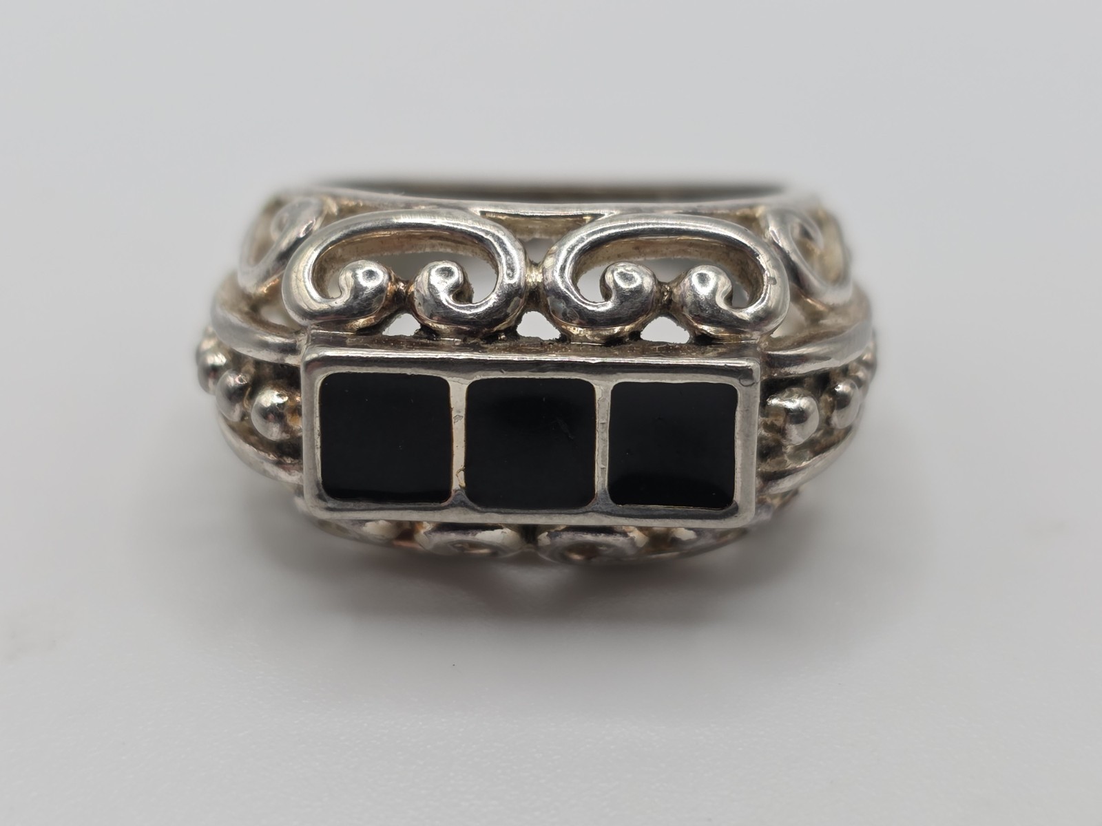 Beautiful Filigree Dome Ring With Black Enamel Squares