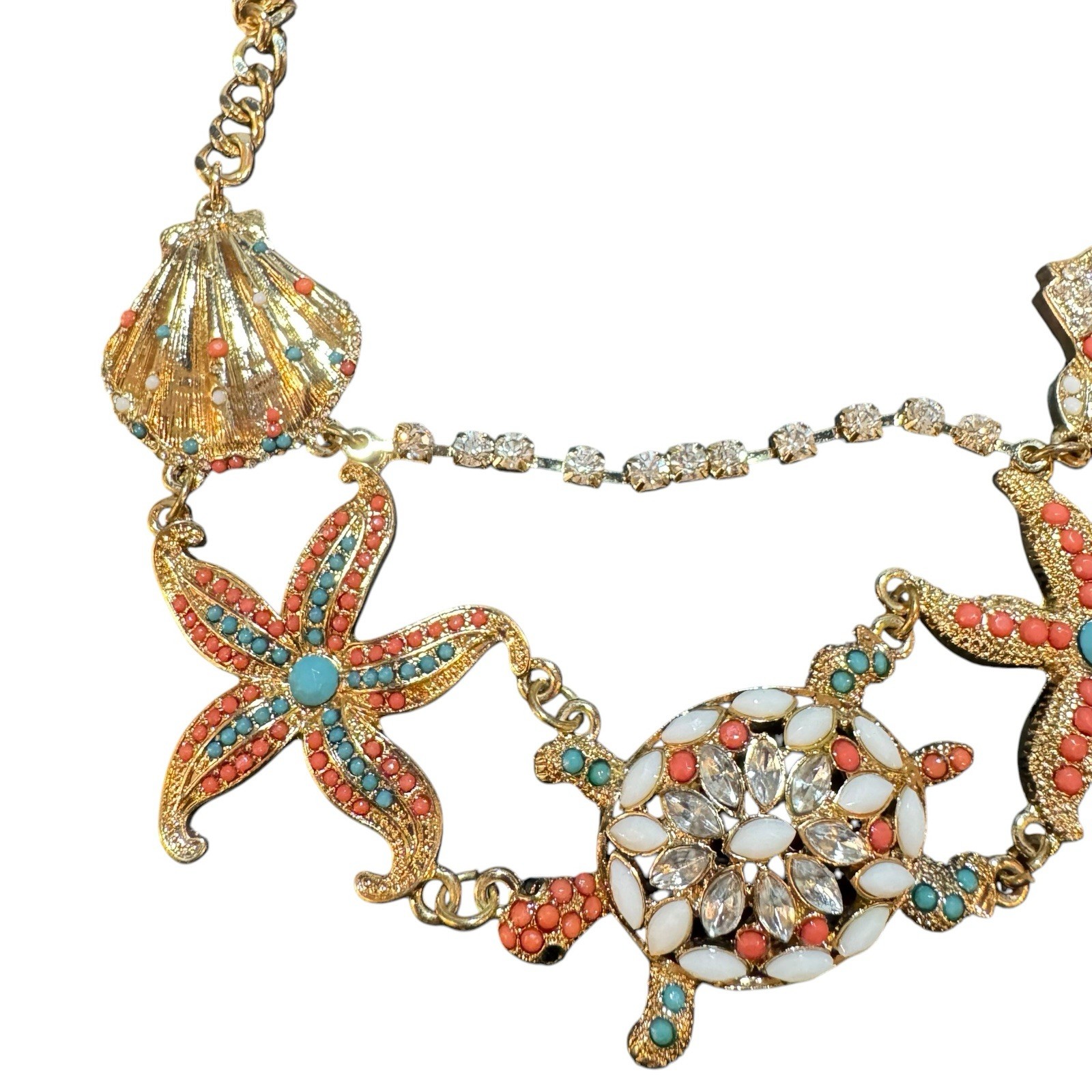 Nautical Necklace Statement Shell Fish Coral Gold White Turquoise Beach Tropical