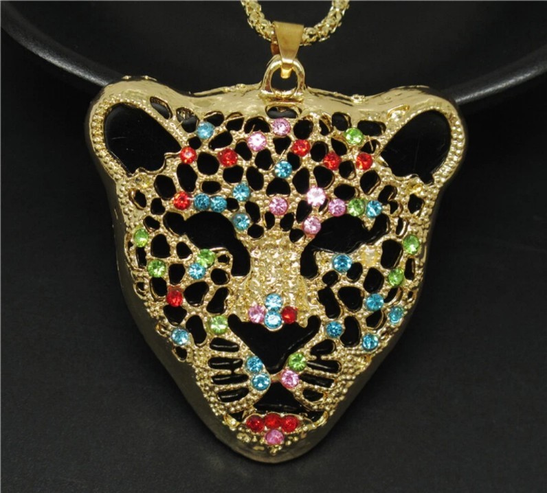 Betsey Johnson Pave MULTICOLOR Crystal Gold LEOPARD Pendant NECKLACE NWT