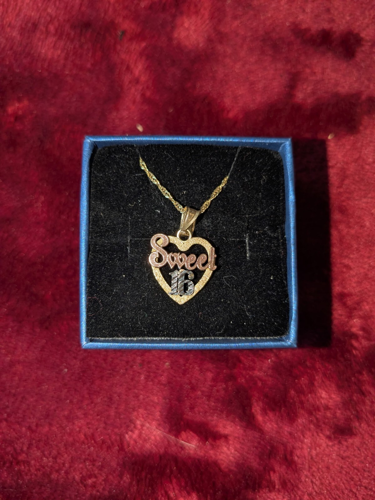 14K Sweet 16 Heart Charm Pendant Necklace Rope Chain and Box