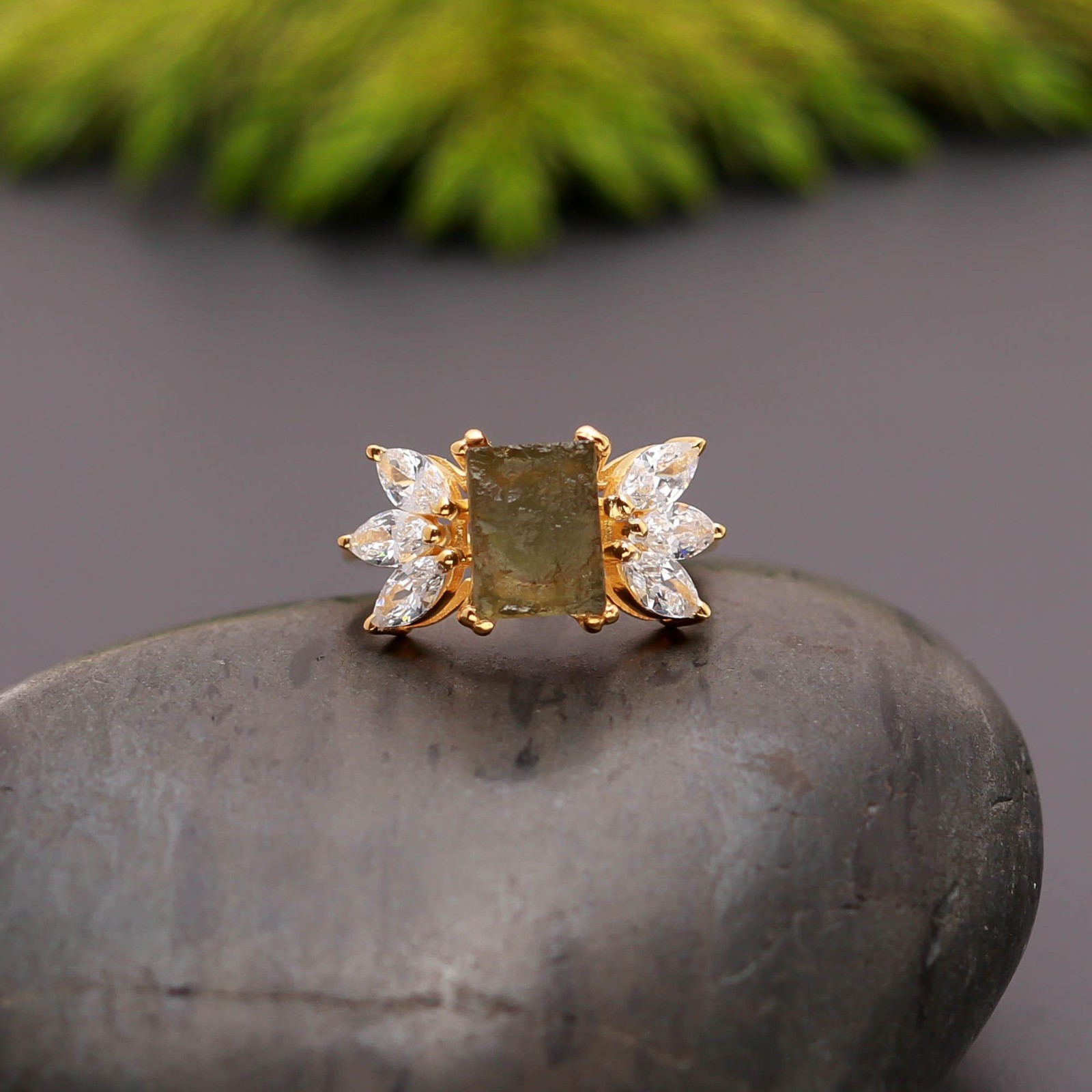 Raw Moldavite Octagon Ring, 925 Sterling Silver Gold Filled Handmade Jewelry