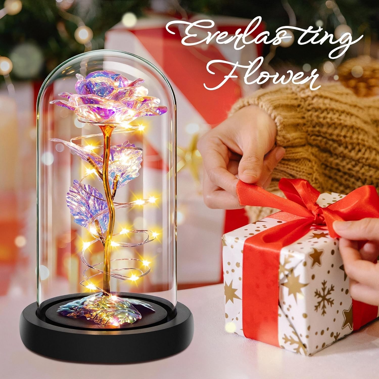 Eternal Love: Rainbow Rose in Glass Dome with LED Lights for All Occasions