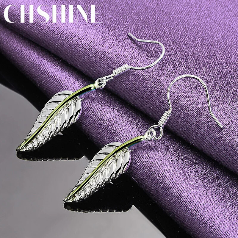 CHSHINE 925 Sterling Silver Feather Earrings Charm Jewelry Party Fashion Eardrop