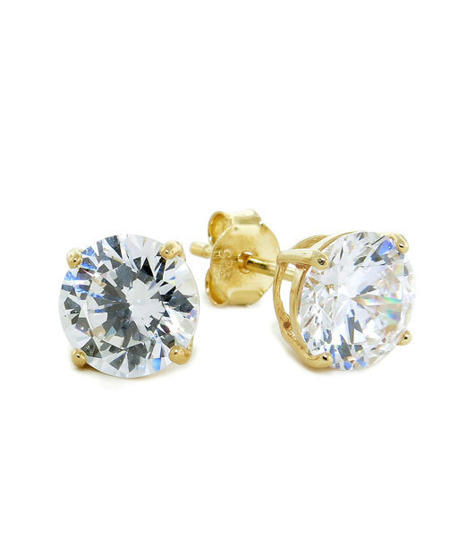 Round Diamonique CZ Solitaire Stud Earrings 14K Yellow Gold Plated 925 Silver