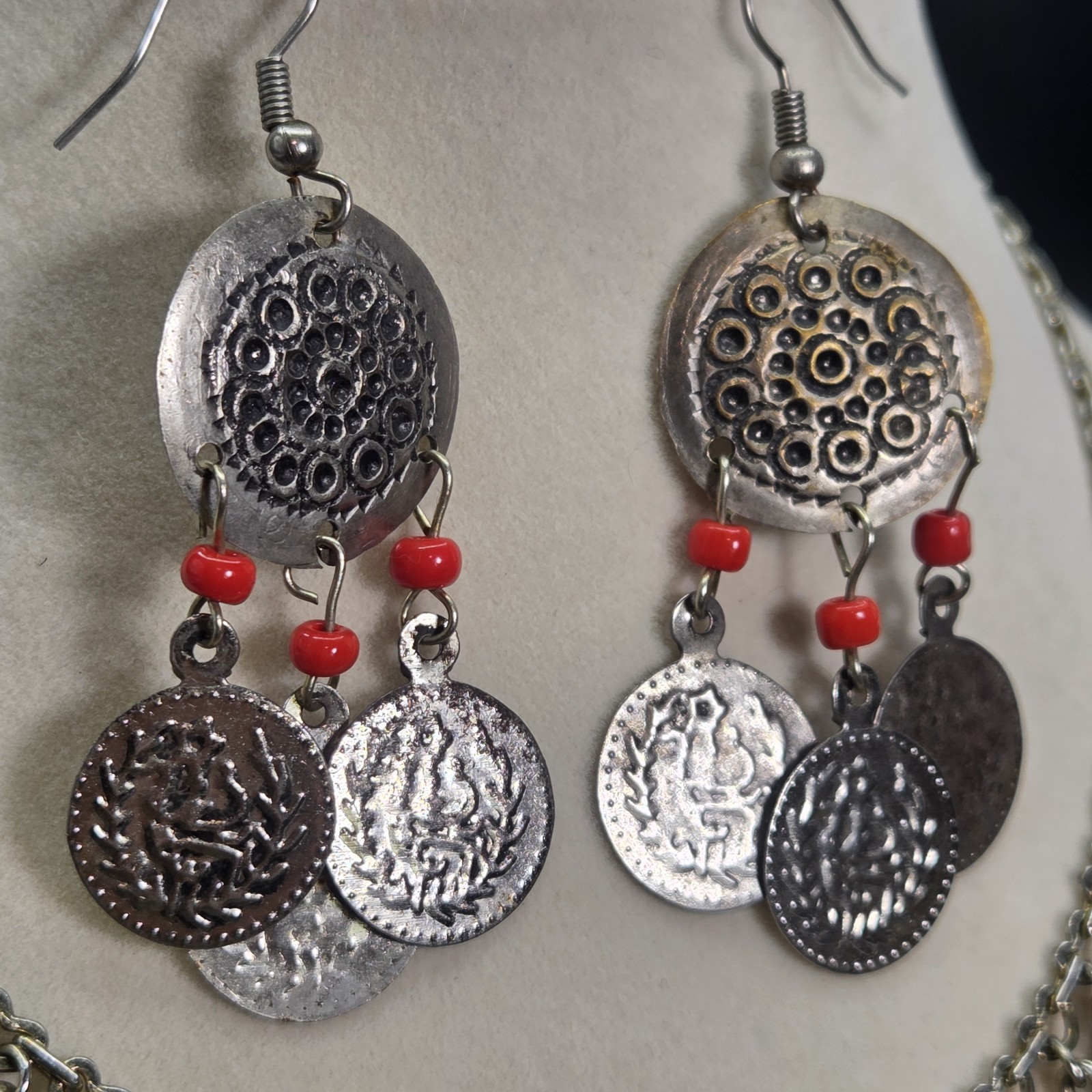 Dangling Coin Choker Bib Collar Silver Tone Metal Egyptian Necklace and Earrings