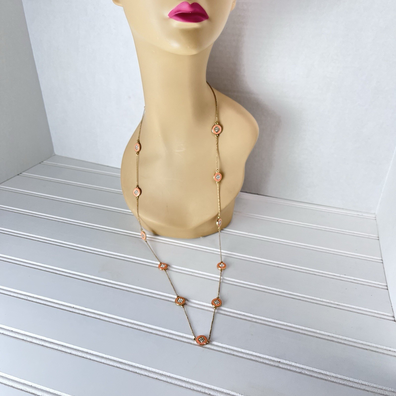 Vtg 1990s Peach Enamel & Rhinestone Double Sided Station Necklace- Gold Tone 34”