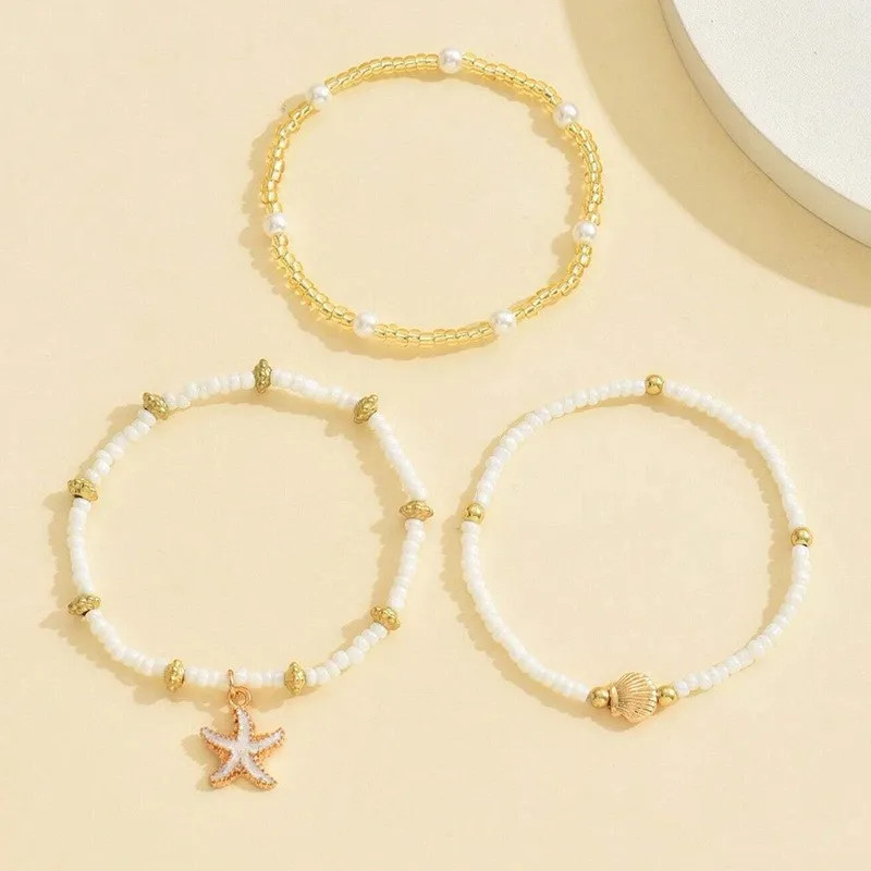 Summer Bohemian Style Starfish Shell Millet Bead Ankle Chain Three-Layer Set Bea