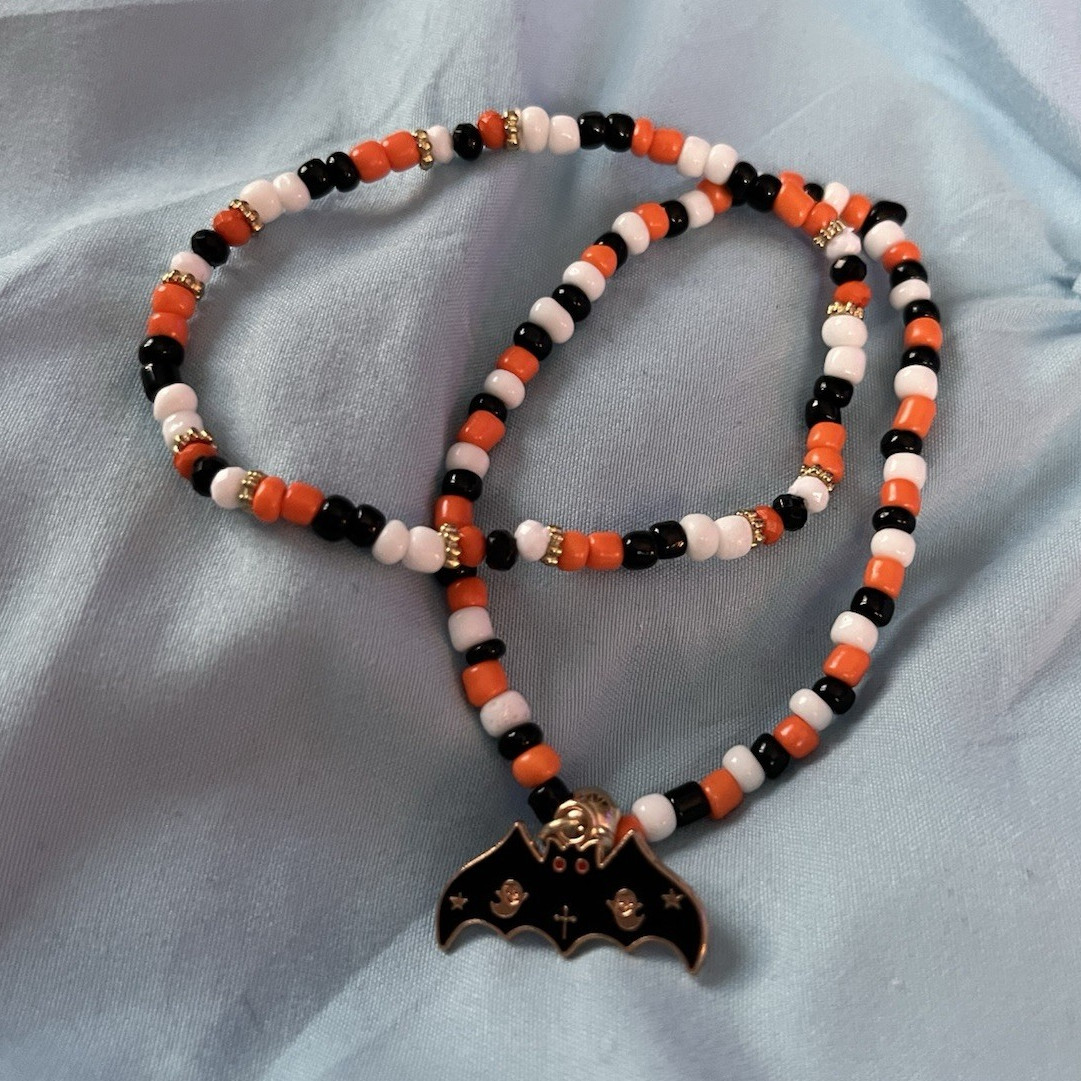 Halloween Bat Charm Pendant Beaded Ball Chain Plastic Necklace Black Orange