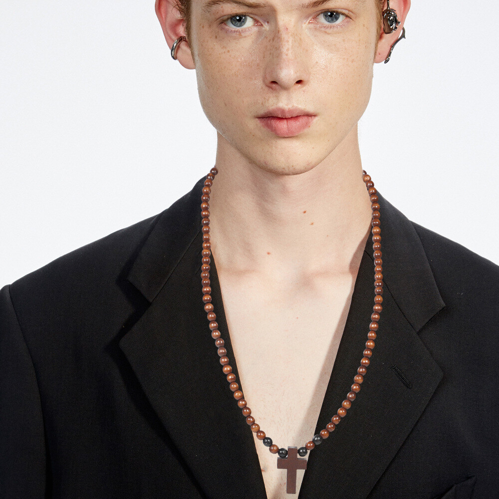 Wooden Cross Necklace For Men Beaded Chain Necklace Rosary Trendy Necklace
