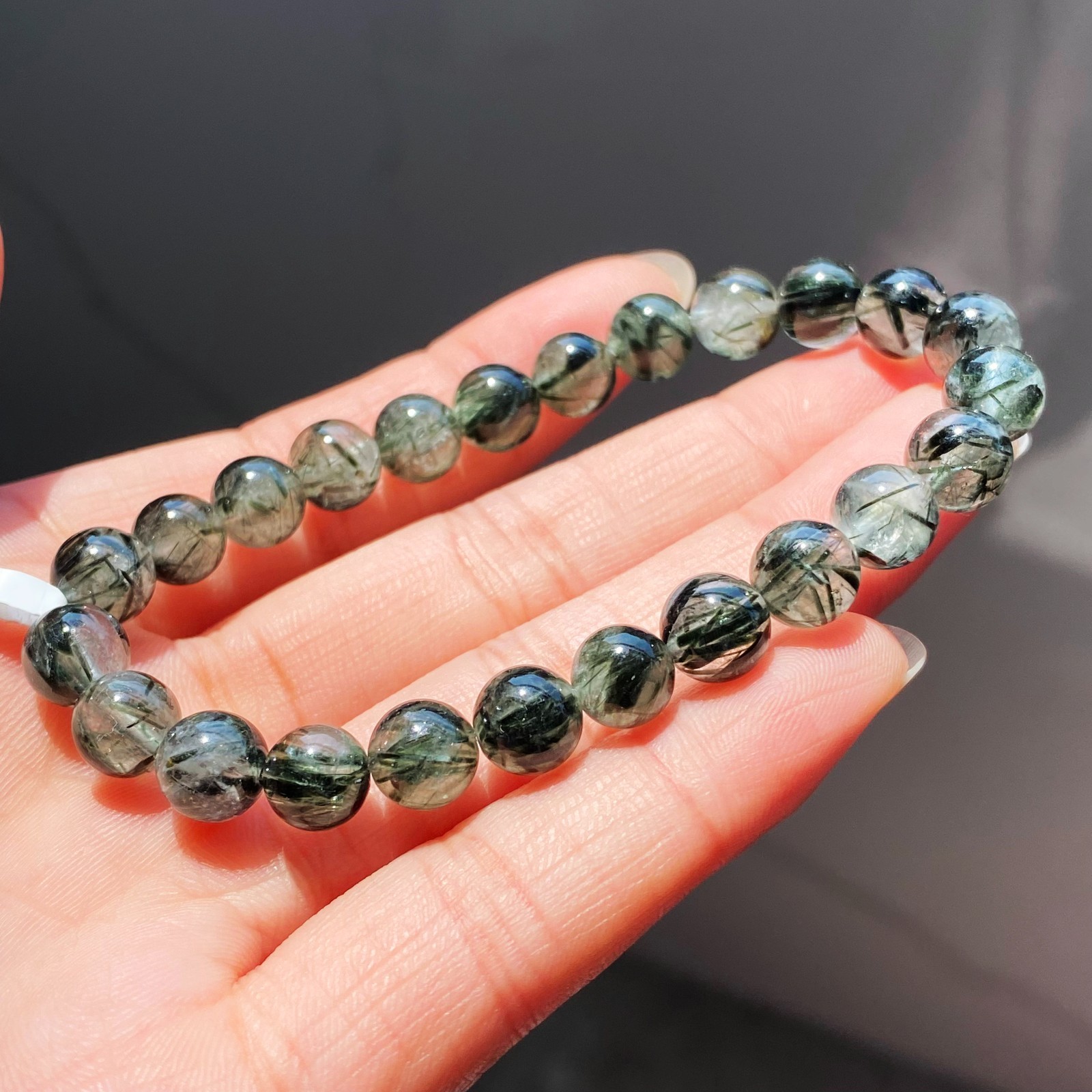 7.8mm Natural Green Tourmaline Rutilated Quartz Crystal Beads Bracelet 032