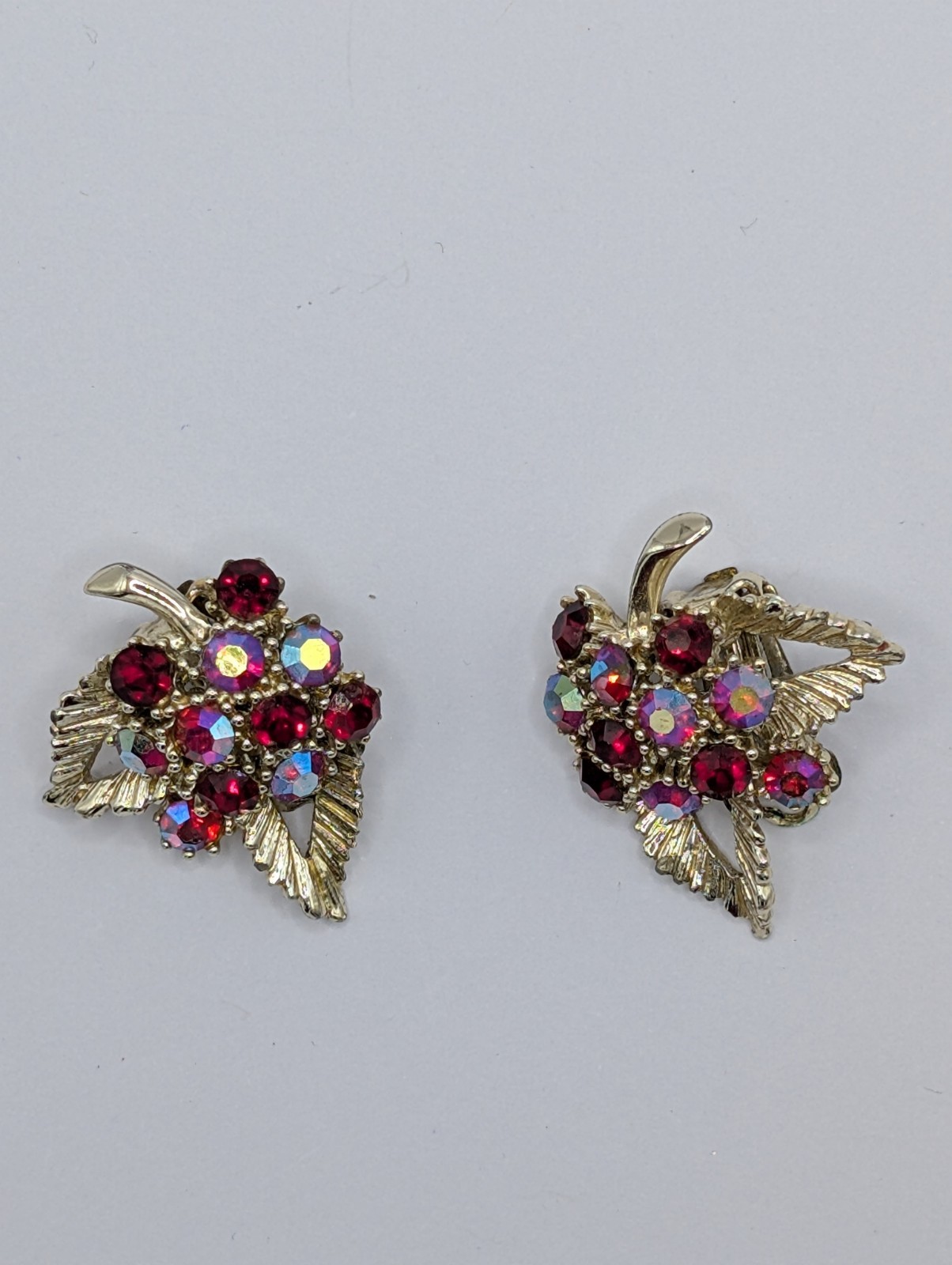 Vintage Red & Silver metal Berry Leaf Cluster Red & Aurora Borealis AB Earrings