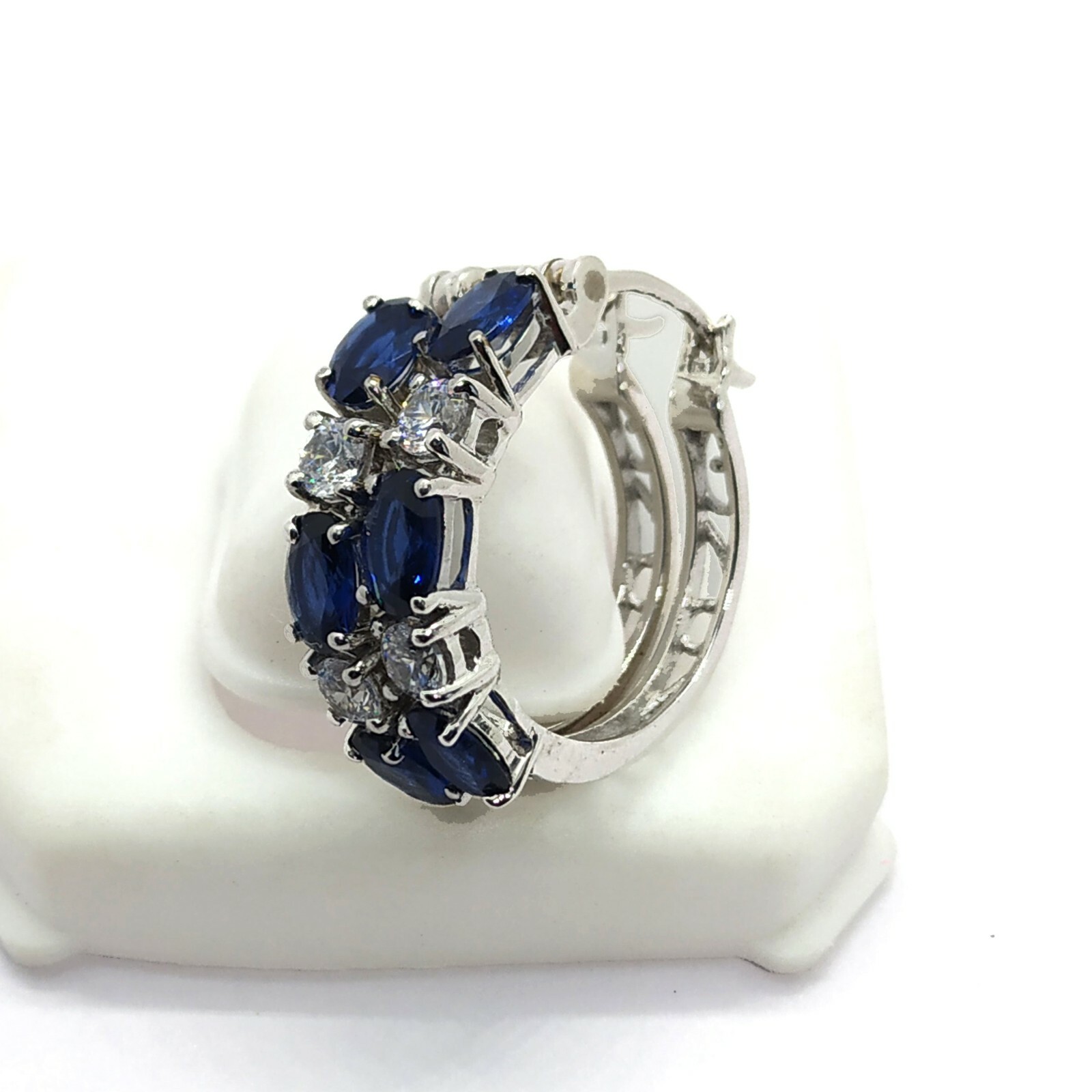 2.10 Ct Simulated Sapphire Hoop Earrings With Cz in 14K White Gold Plated Brass