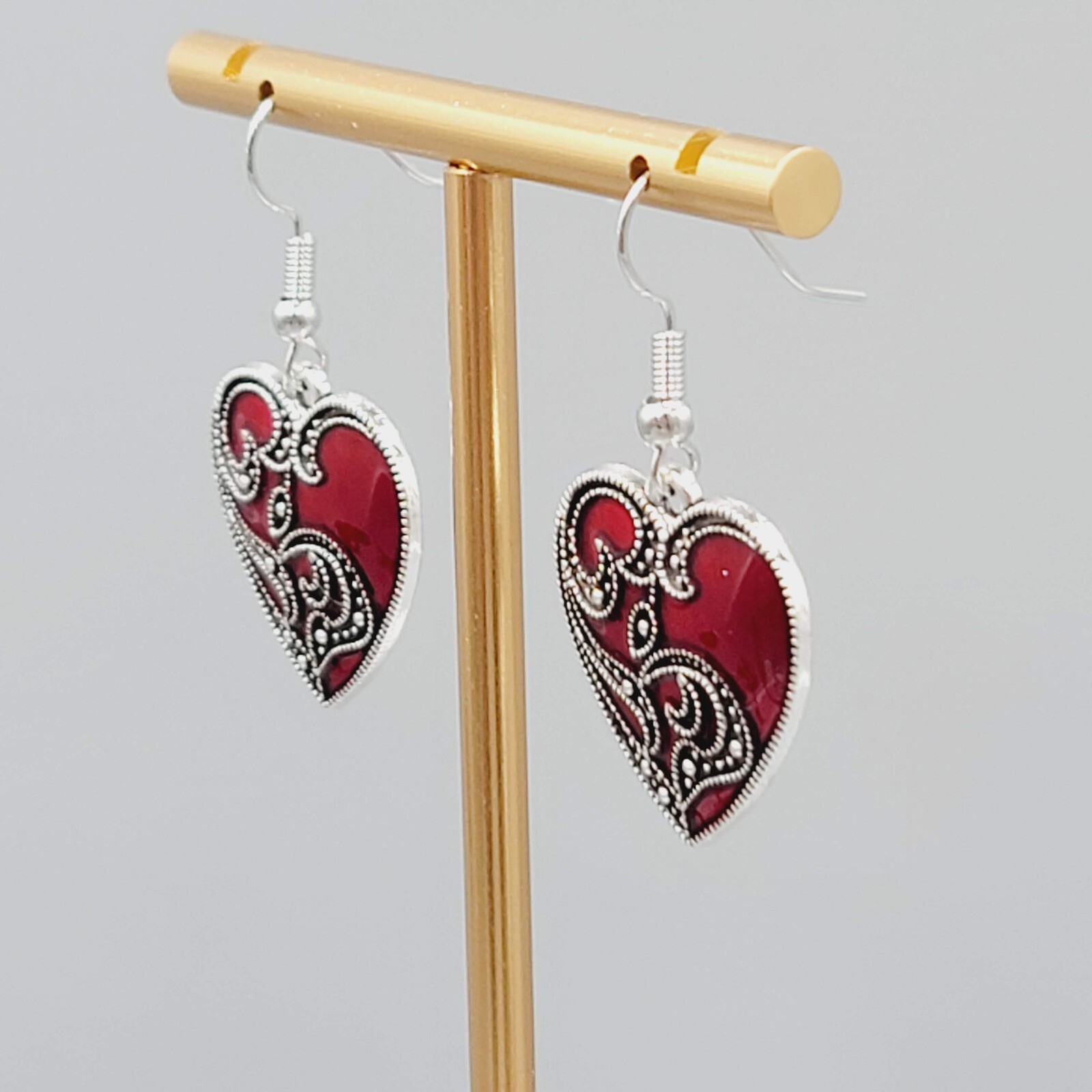 Satin Enamel Heart Pierced Earrings Black Swirl Accent Silver tone Dangle 1″